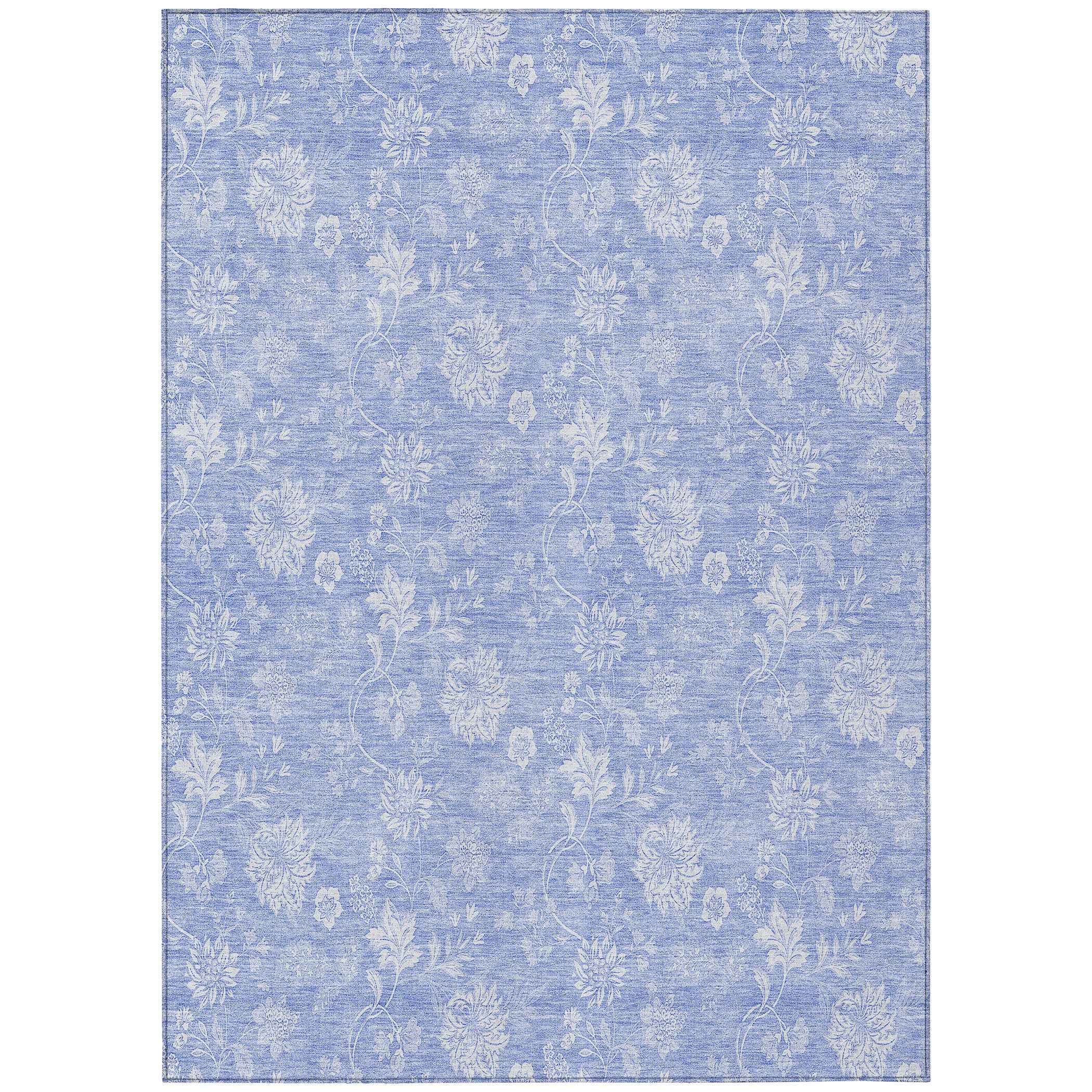 3' X 5' Sky Blue Denim Blue And Ivory Floral Washable Indoor Outdoor Area Rug