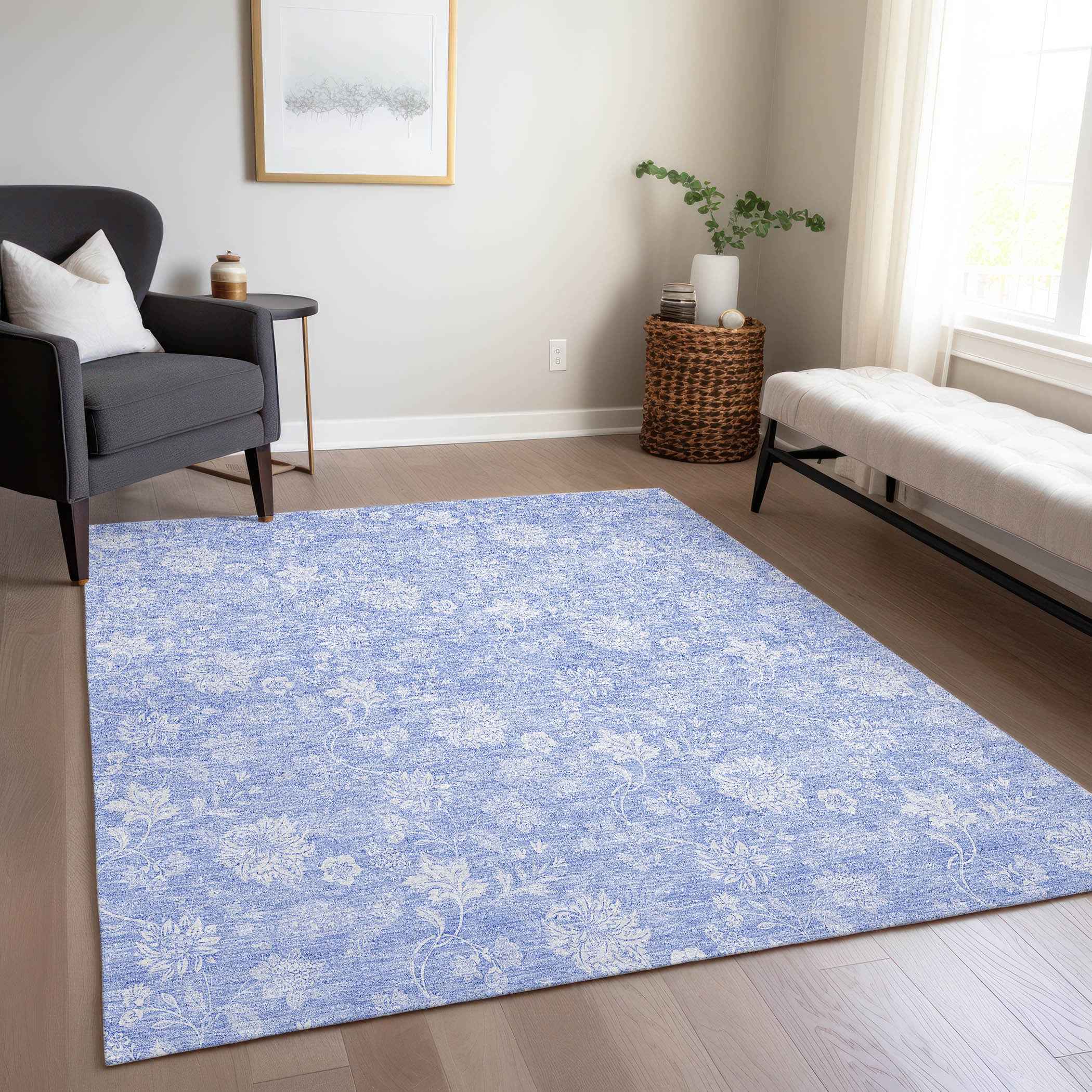 3' X 5' Sky Blue Denim Blue And Ivory Floral Washable Indoor Outdoor Area Rug