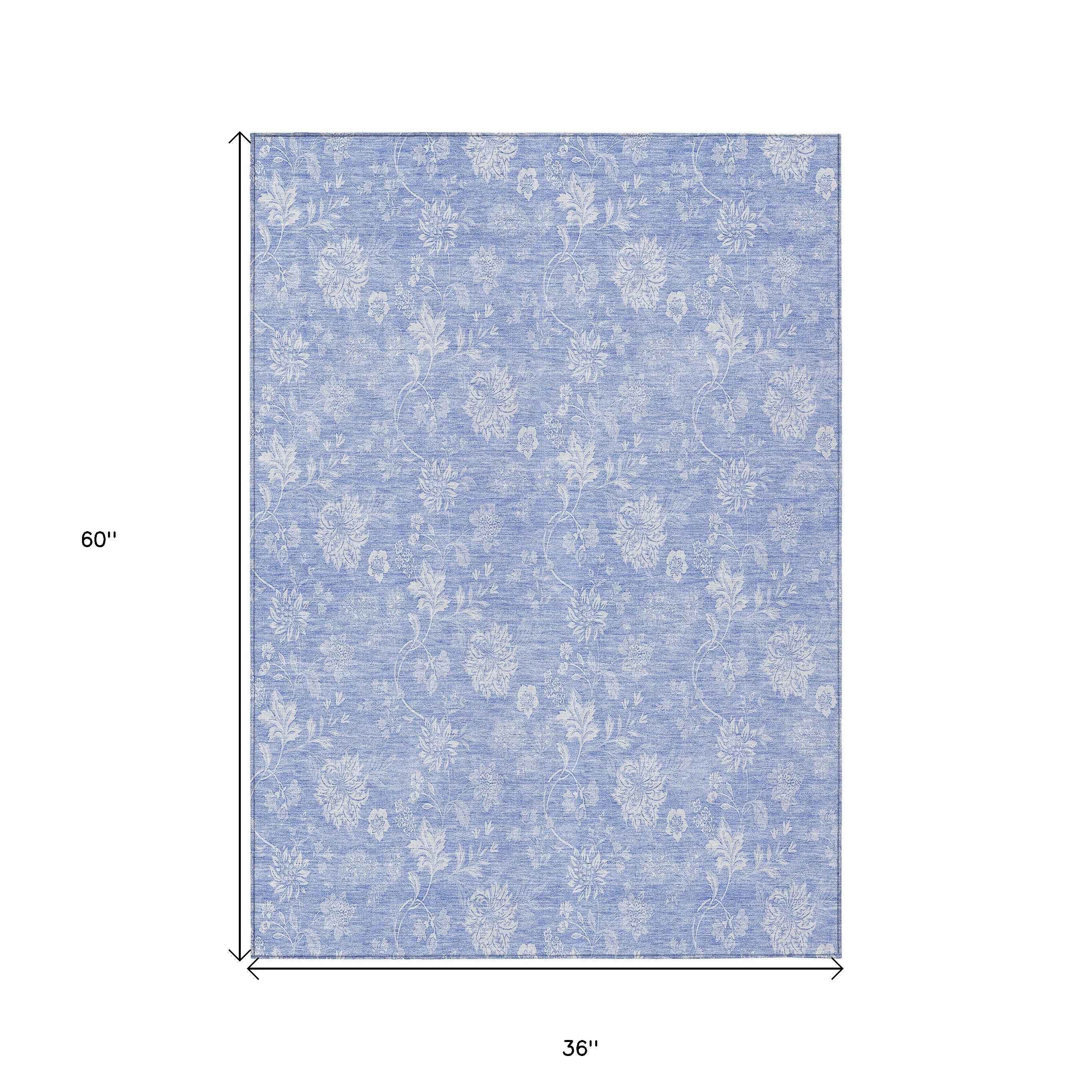 3' X 5' Sky Blue Denim Blue And Ivory Floral Washable Indoor Outdoor Area Rug