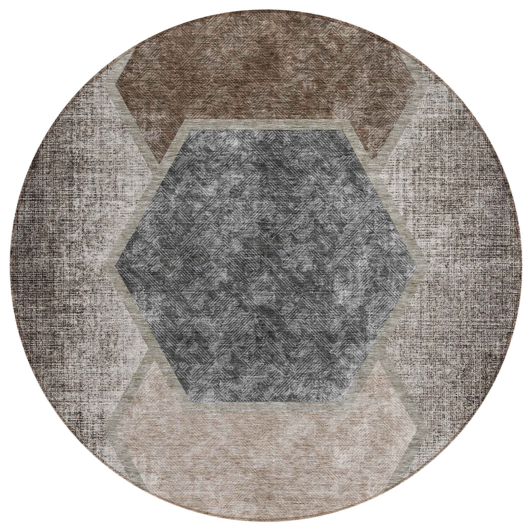 8' Chocolate And Taupe Round Geometric Washable Indoor Outdoor Area Rug