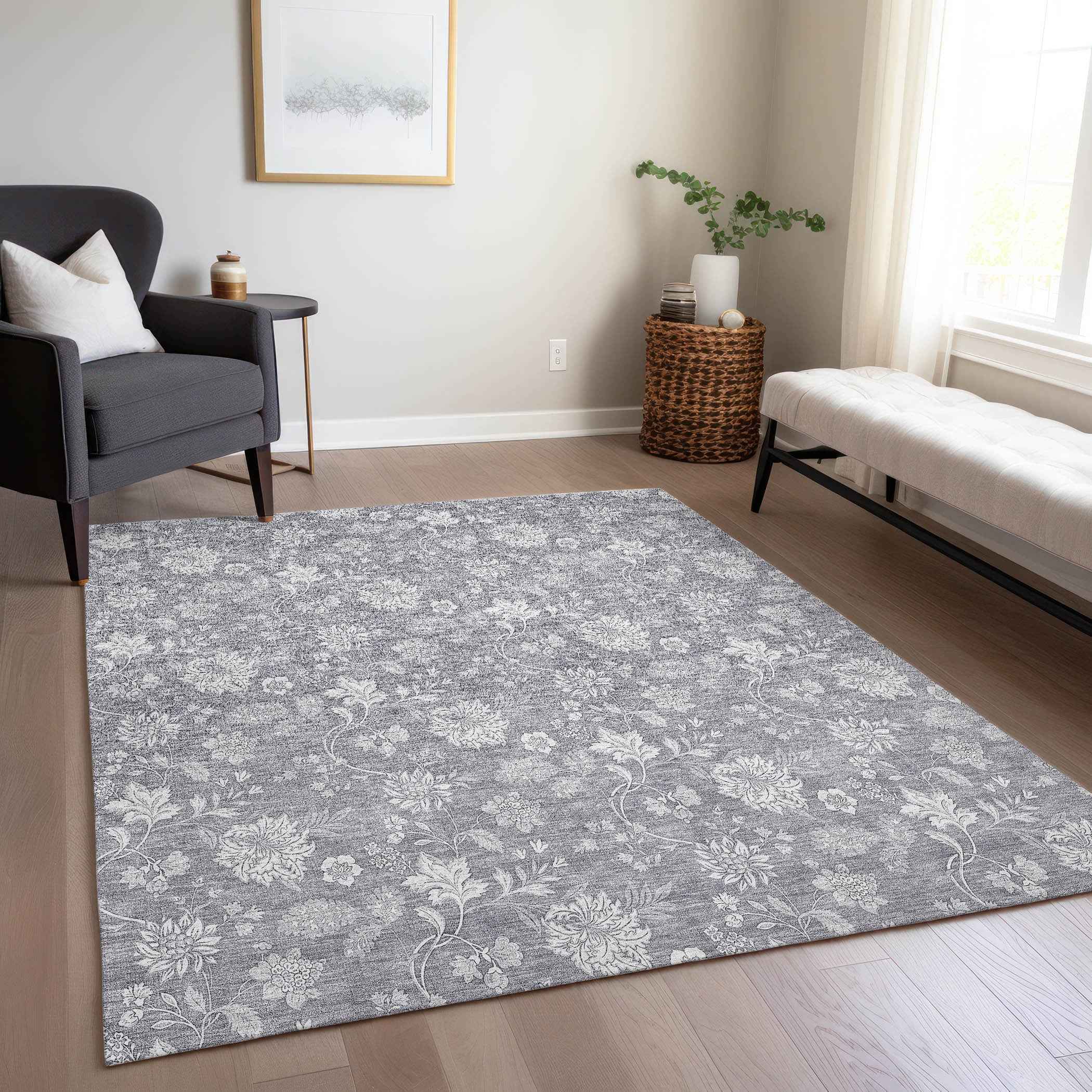 3' X 5' Gray Silver And Ivory Floral Washable Indoor Outdoor Area Rug