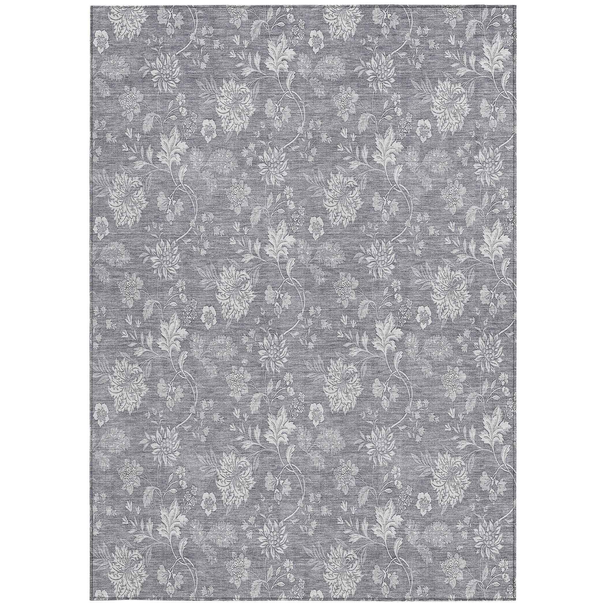 3' X 5' Gray Silver And Ivory Floral Washable Indoor Outdoor Area Rug