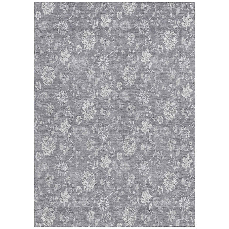 3' X 5' Gray Silver And Ivory Floral Washable Indoor Outdoor Area Rug