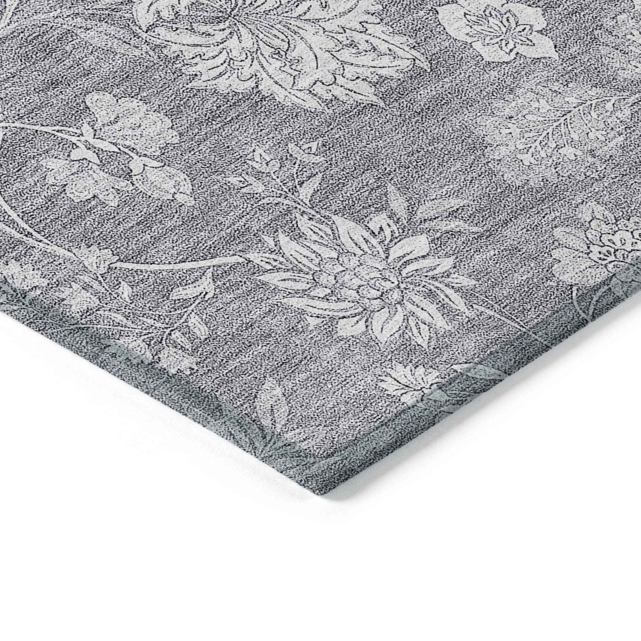 3' X 5' Gray Silver And Ivory Floral Washable Indoor Outdoor Area Rug