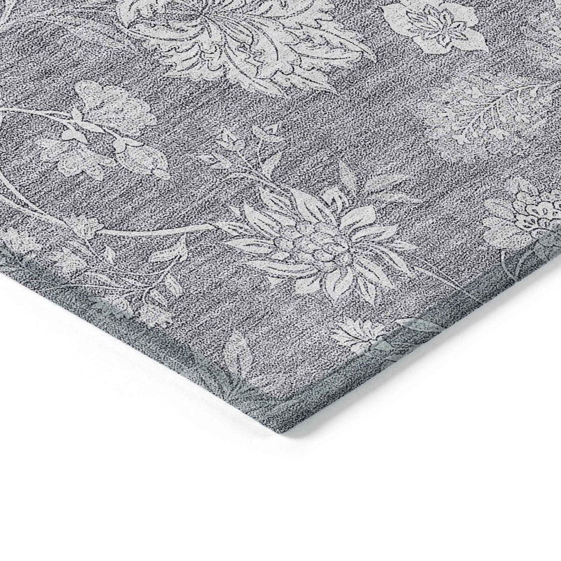 3' X 5' Gray Silver And Ivory Floral Washable Indoor Outdoor Area Rug
