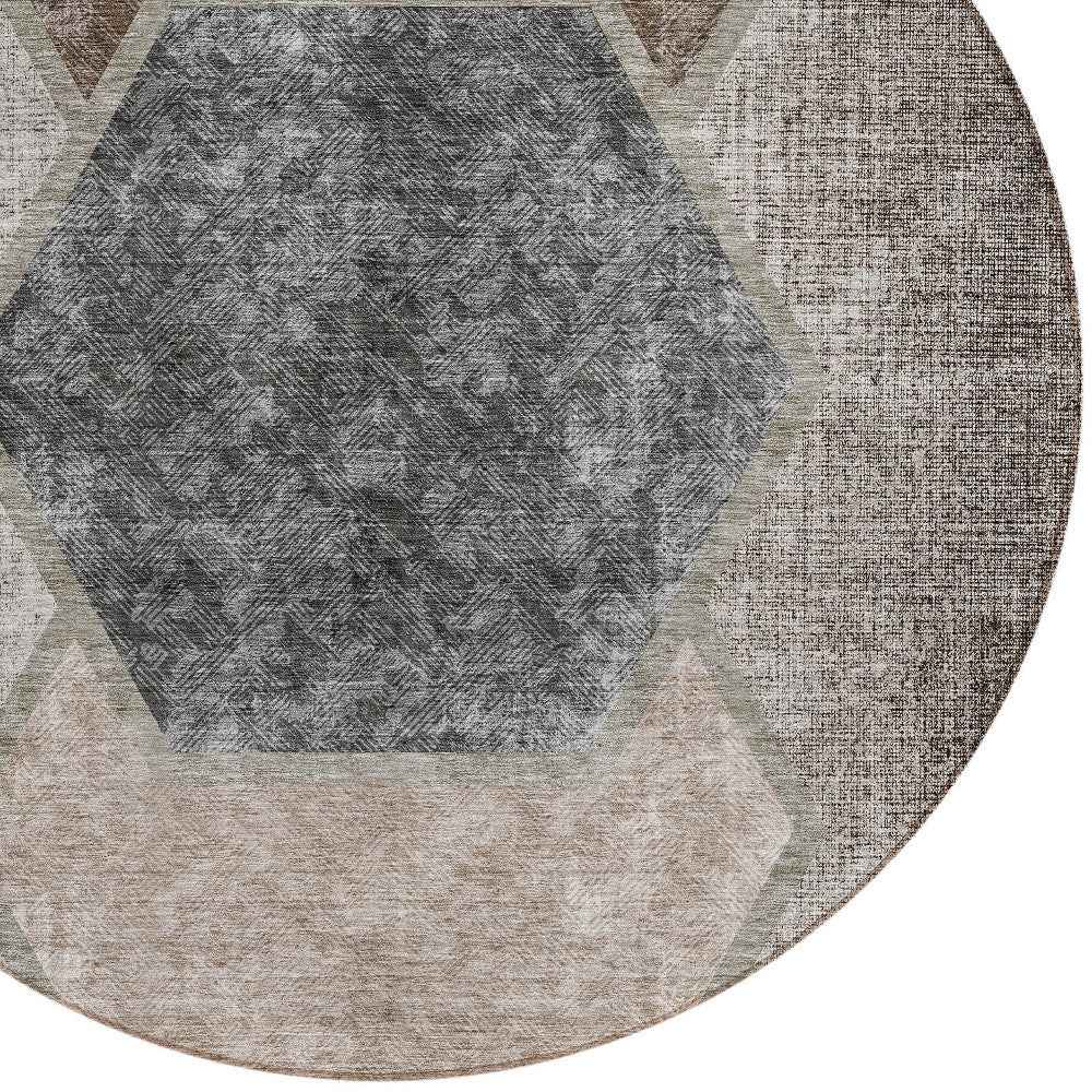 8' Chocolate And Taupe Round Geometric Washable Indoor Outdoor Area Rug