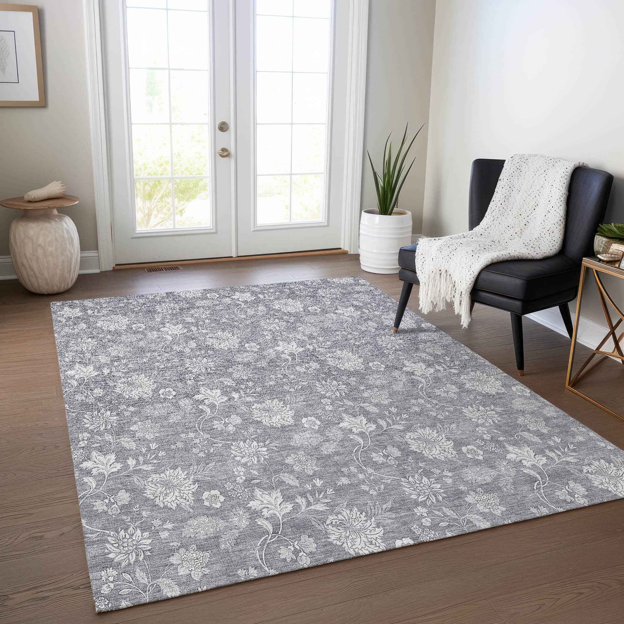 3' X 5' Gray Silver And Ivory Floral Washable Indoor Outdoor Area Rug
