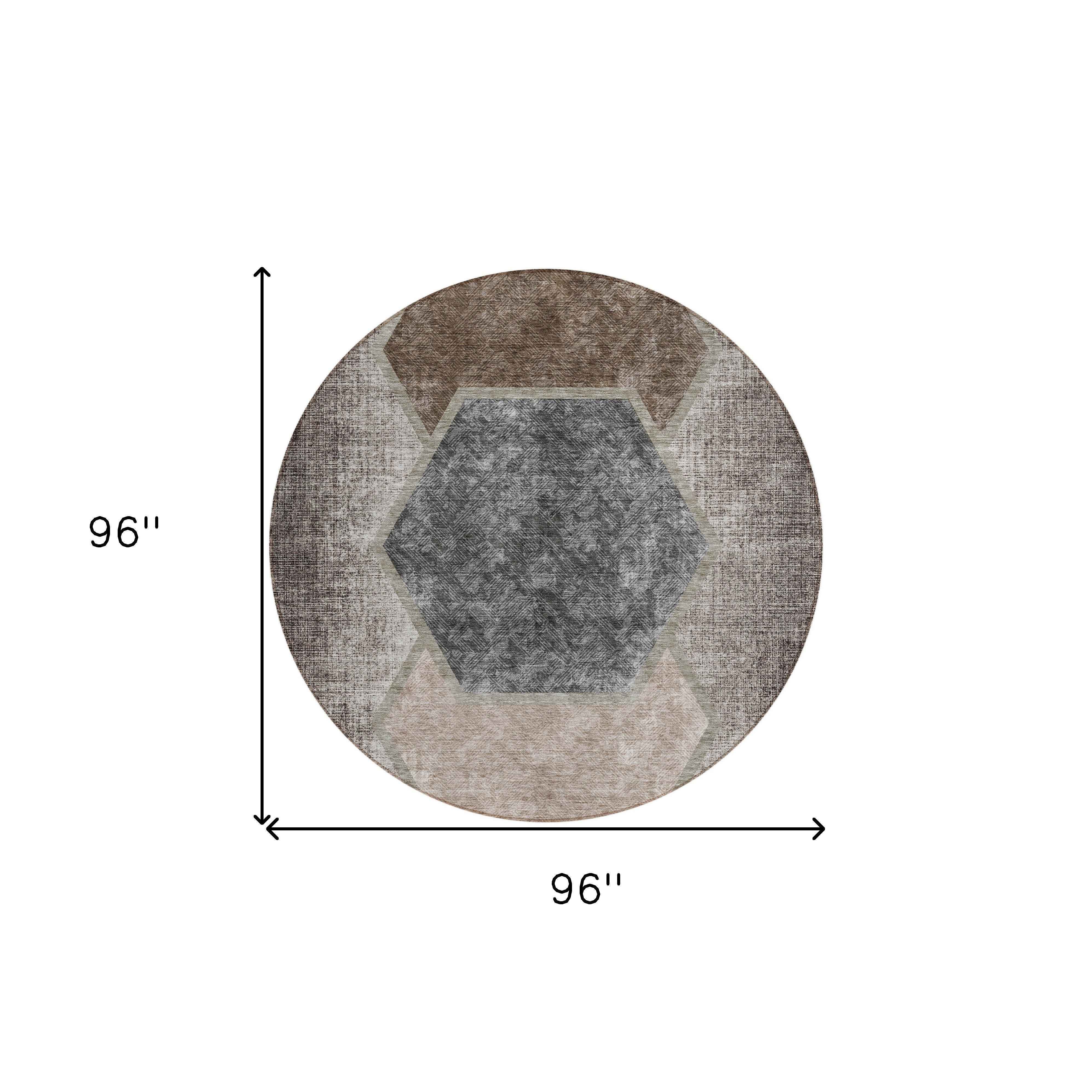 8' Chocolate And Taupe Round Geometric Washable Indoor Outdoor Area Rug