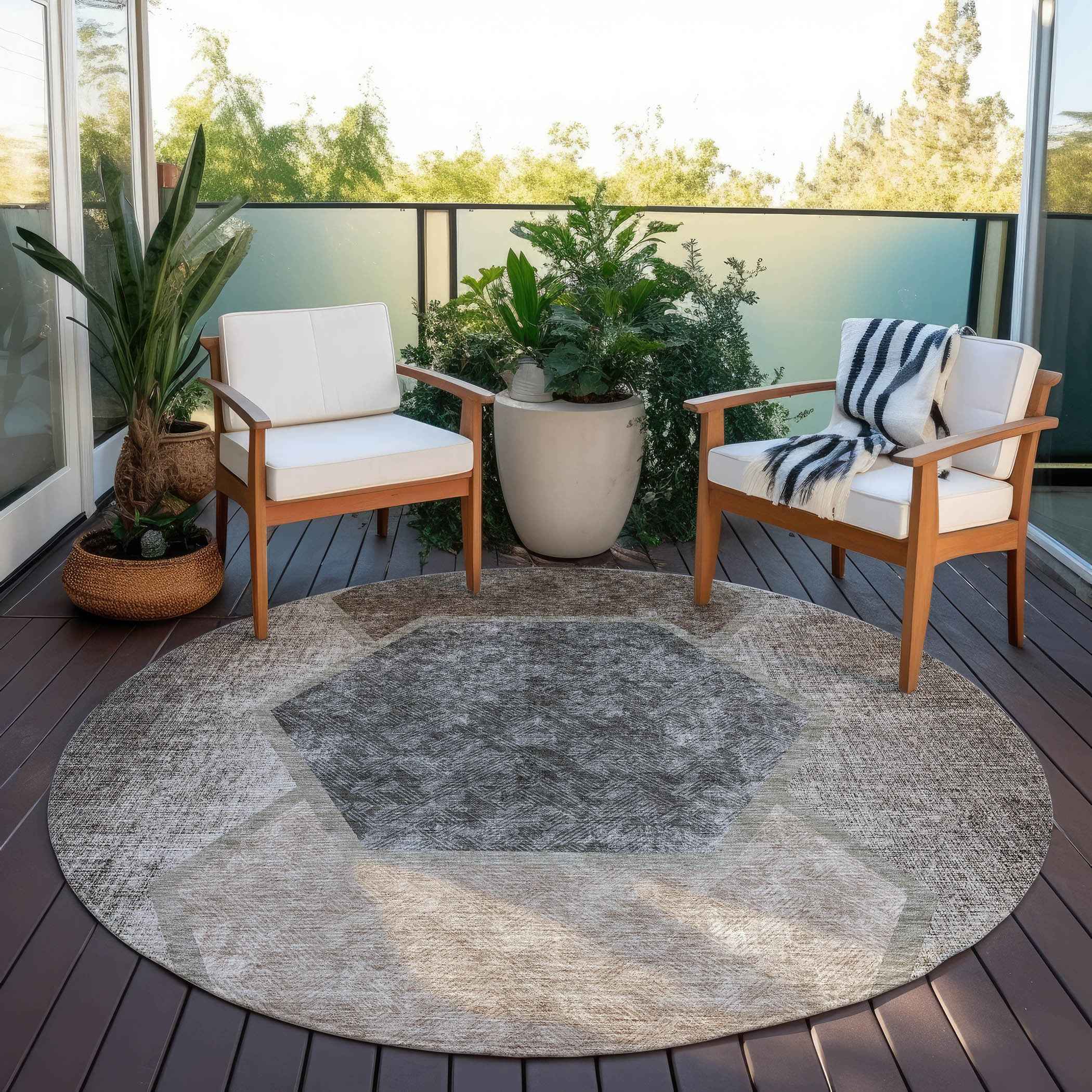 8' Chocolate And Taupe Round Geometric Washable Indoor Outdoor Area Rug
