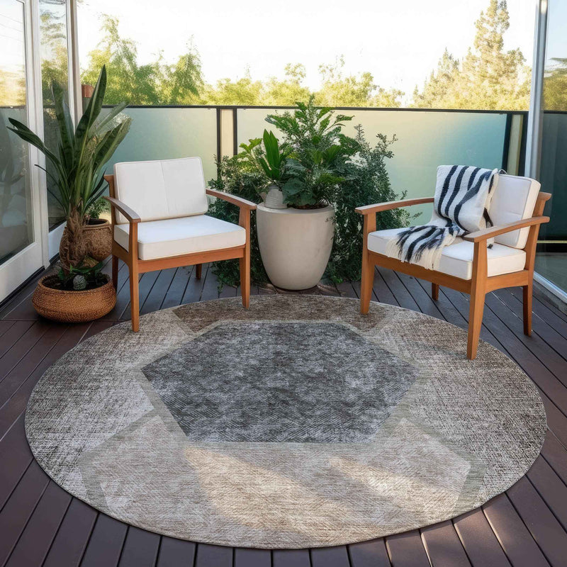 8' Chocolate And Taupe Round Geometric Washable Indoor Outdoor Area Rug