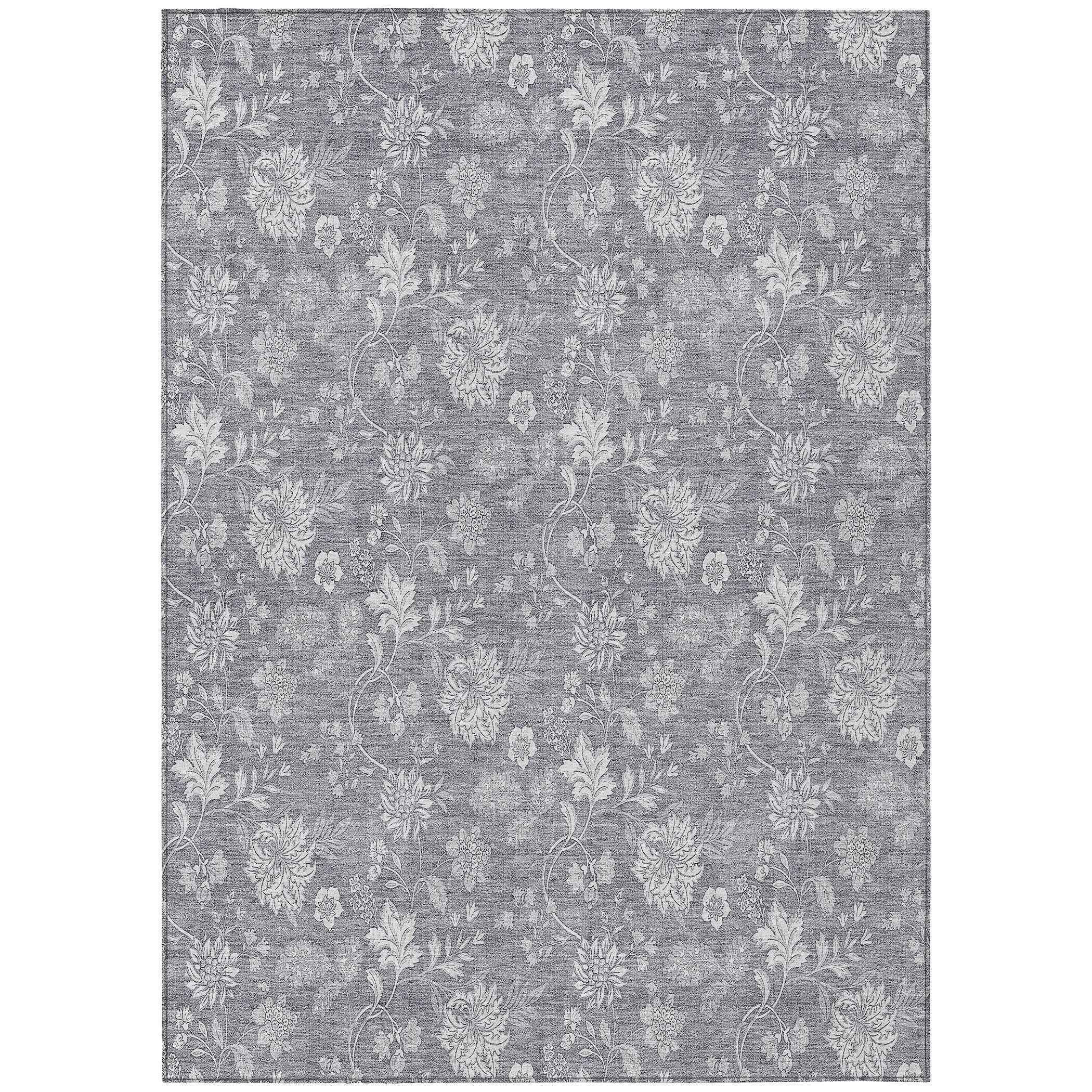 3' X 5' Gray Silver And Ivory Floral Washable Indoor Outdoor Area Rug