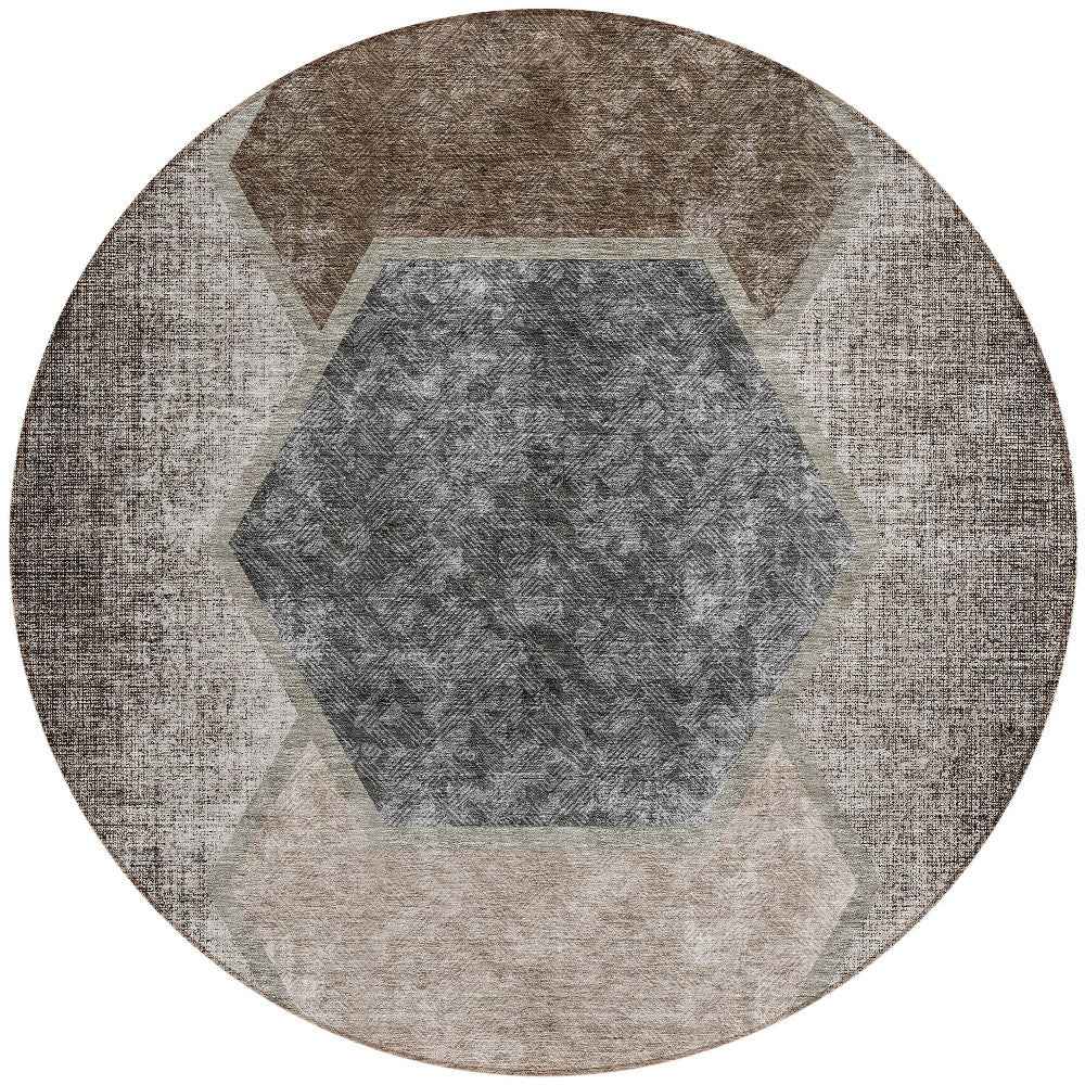 8' Chocolate And Taupe Round Geometric Washable Indoor Outdoor Area Rug