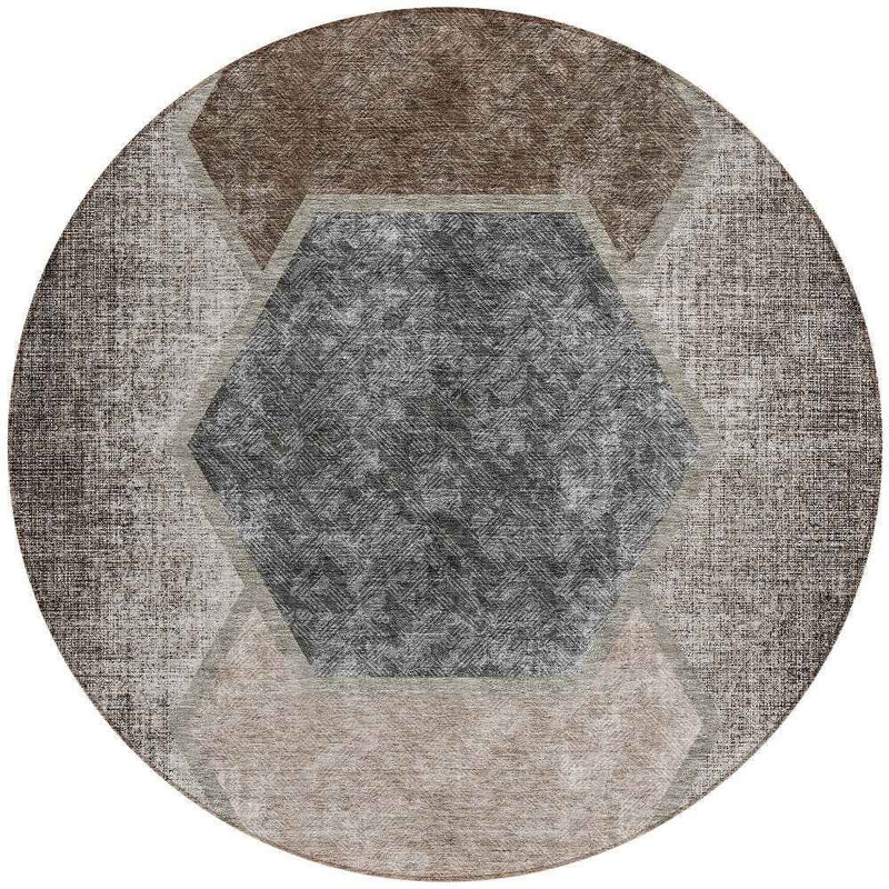8' Chocolate And Taupe Round Geometric Washable Indoor Outdoor Area Rug