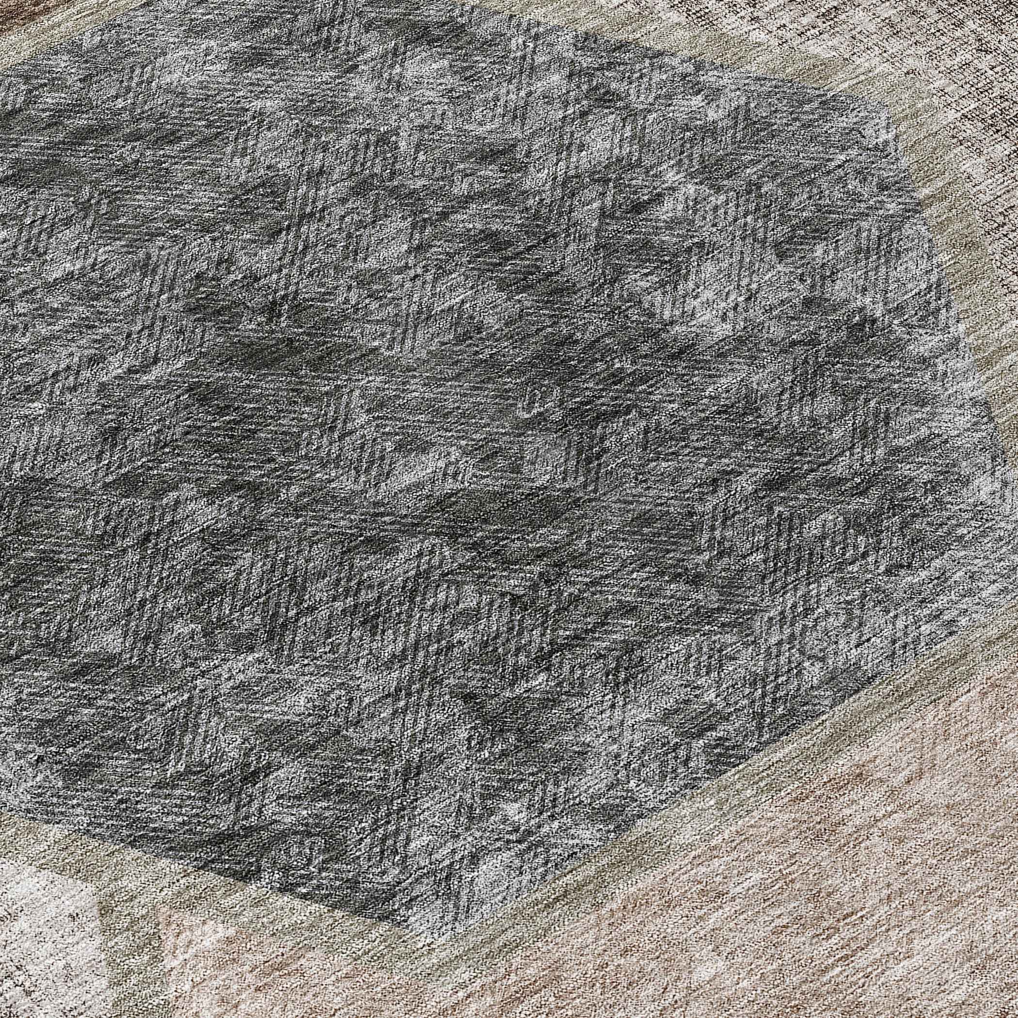 8' Chocolate And Taupe Round Geometric Washable Indoor Outdoor Area Rug