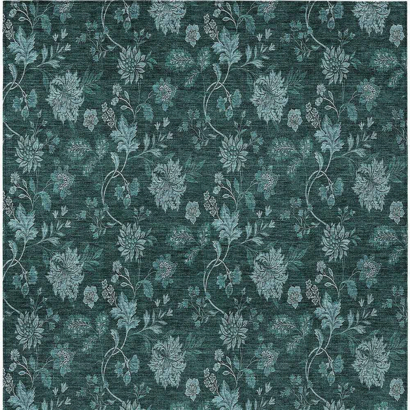 8' X 10' Teal Blue And Aqua Floral Washable Indoor Outdoor Area Rug