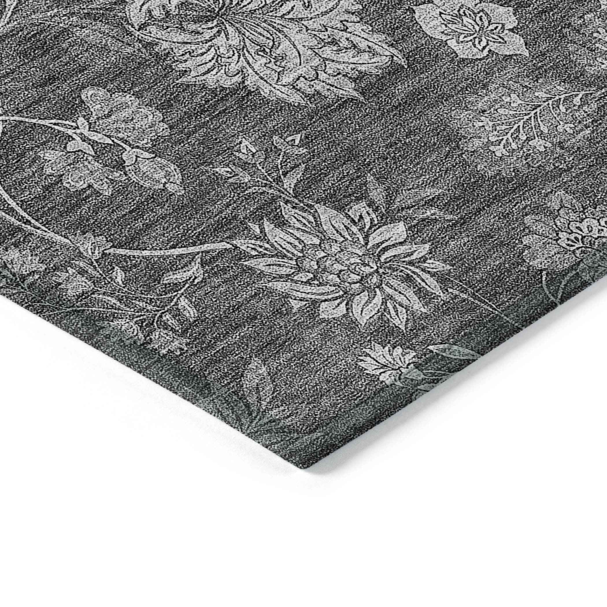 8' X 10' Gray Charcoal And Silver Floral Washable Indoor Outdoor Area Rug