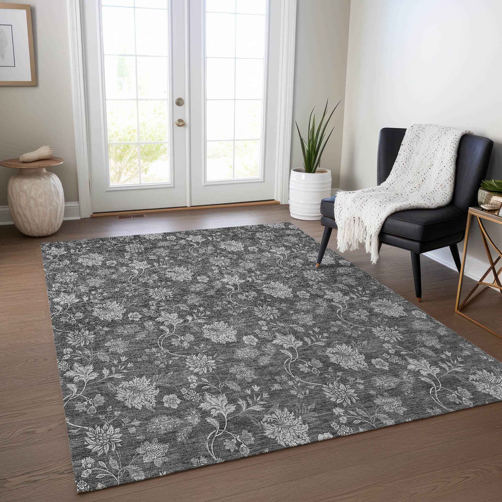 8' X 10' Gray Charcoal And Silver Floral Washable Indoor Outdoor Area Rug