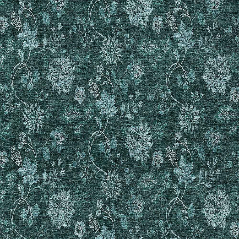 8' X 10' Teal Blue And Aqua Floral Washable Indoor Outdoor Area Rug