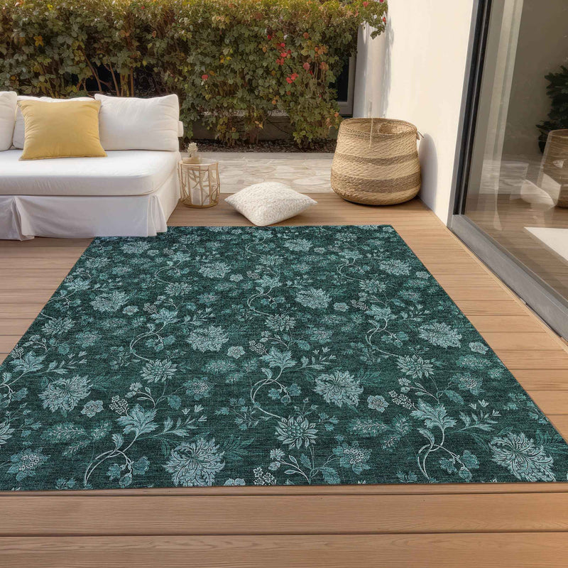 8' X 10' Teal Blue And Aqua Floral Washable Indoor Outdoor Area Rug