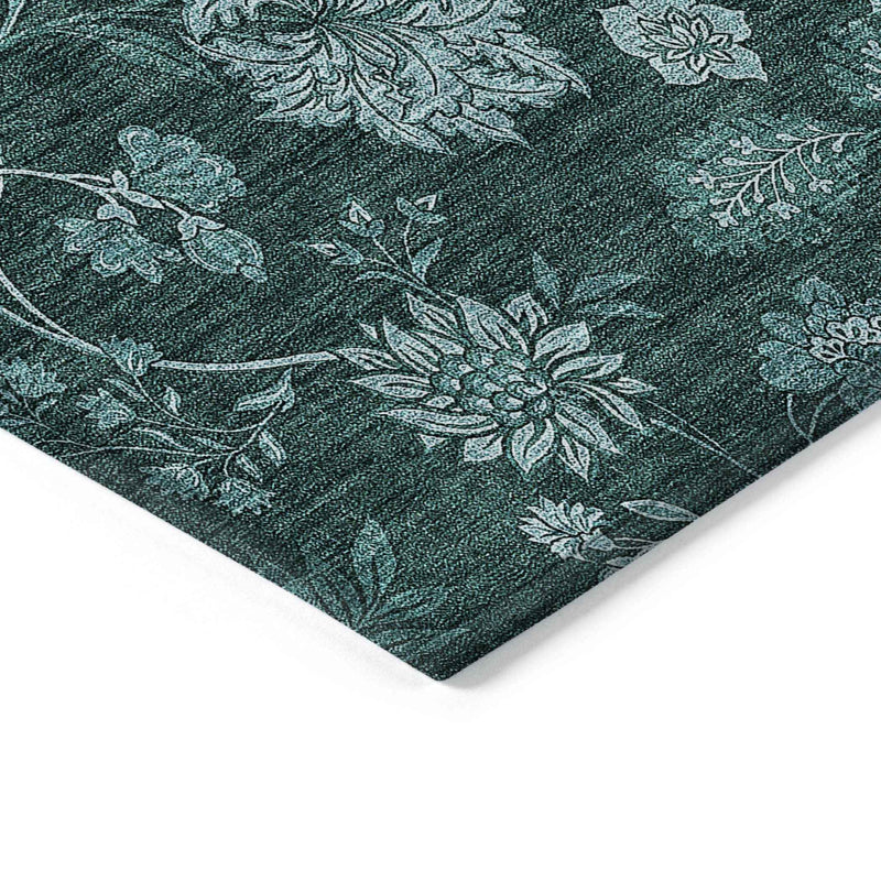 8' X 10' Teal Blue And Aqua Floral Washable Indoor Outdoor Area Rug