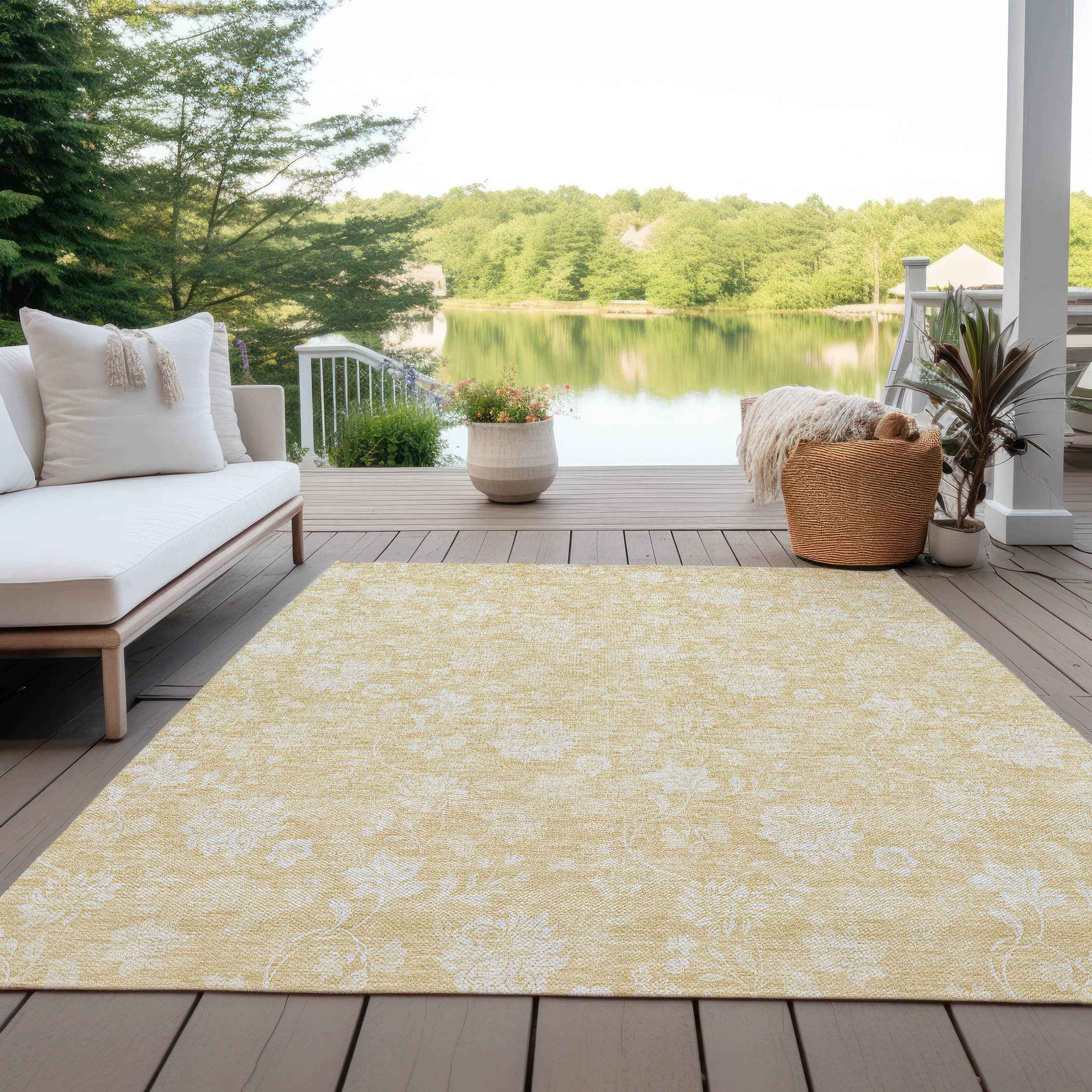 3' X 5' Yellow Wheat And Ivory Floral Washable Indoor Outdoor Area Rug