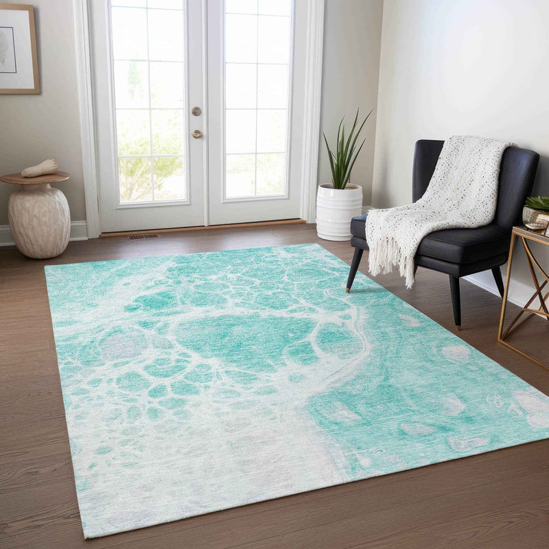 8' X 10' Aqua Teal Blue And Ivory Nautical Washable Indoor Outdoor Area Rug