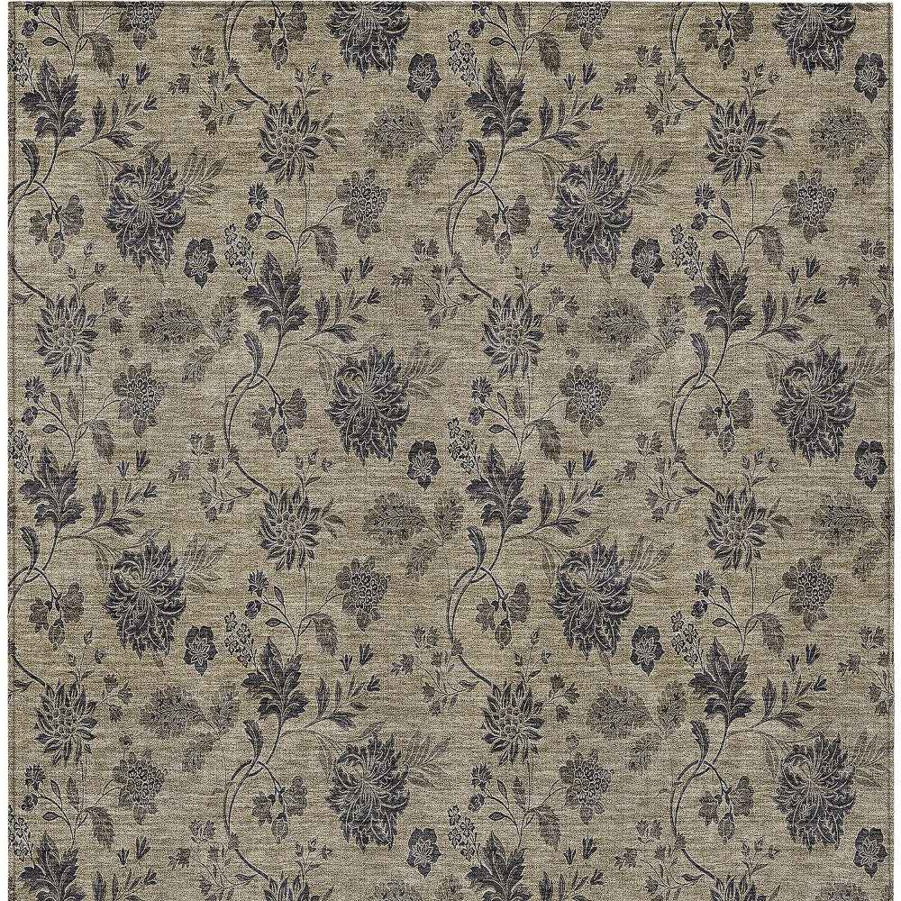 10' X 14' Brown Beige And Chocolate Floral Washable Indoor Outdoor Area Rug