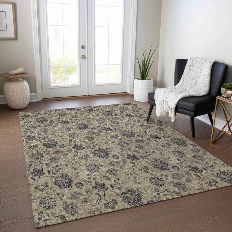 10' X 14' Brown Beige And Chocolate Floral Washable Indoor Outdoor Area Rug