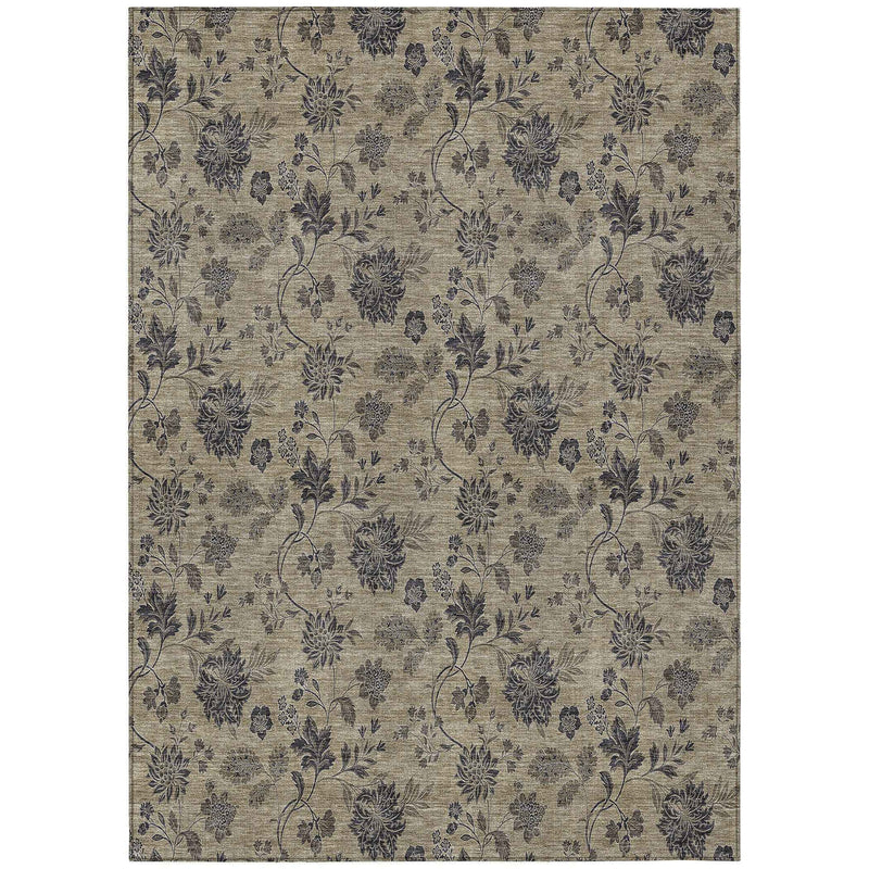 10' X 14' Brown Beige And Chocolate Floral Washable Indoor Outdoor Area Rug