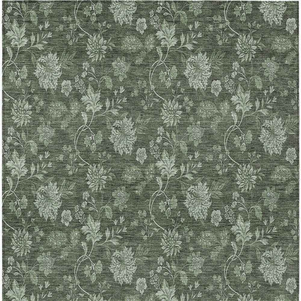 8' X 10' Olive Green And Artichoke Green Floral Washable Indoor Outdoor Area Rug