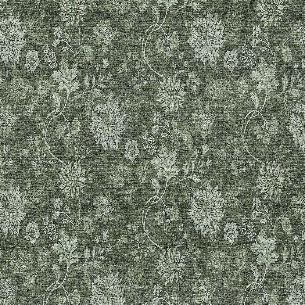 8' X 10' Olive Green And Artichoke Green Floral Washable Indoor Outdoor Area Rug