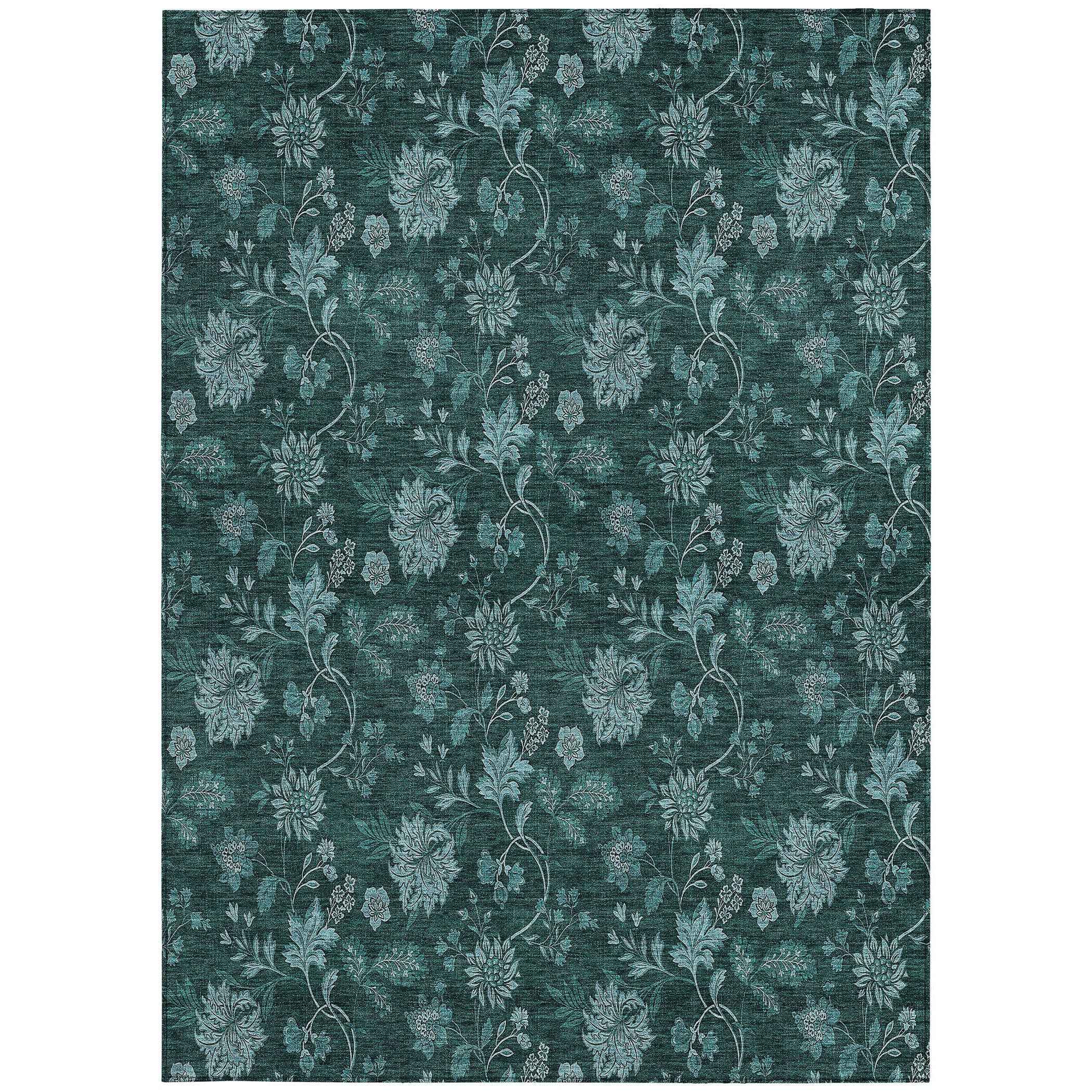 10' X 14' Teal Blue And Aqua Floral Washable Indoor Outdoor Area Rug