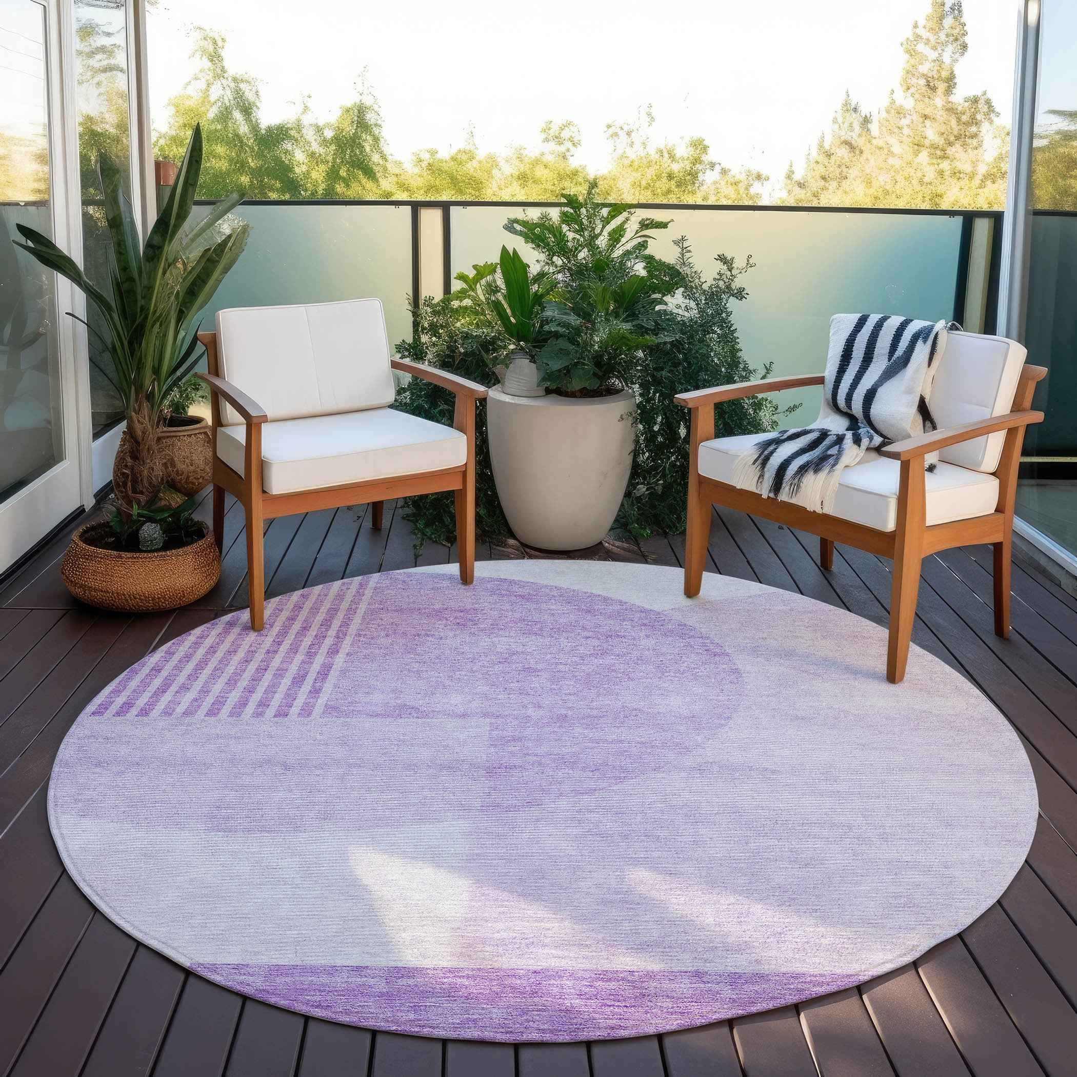 8' Purple And Lavender Round Geometric Washable Indoor Outdoor Area Rug