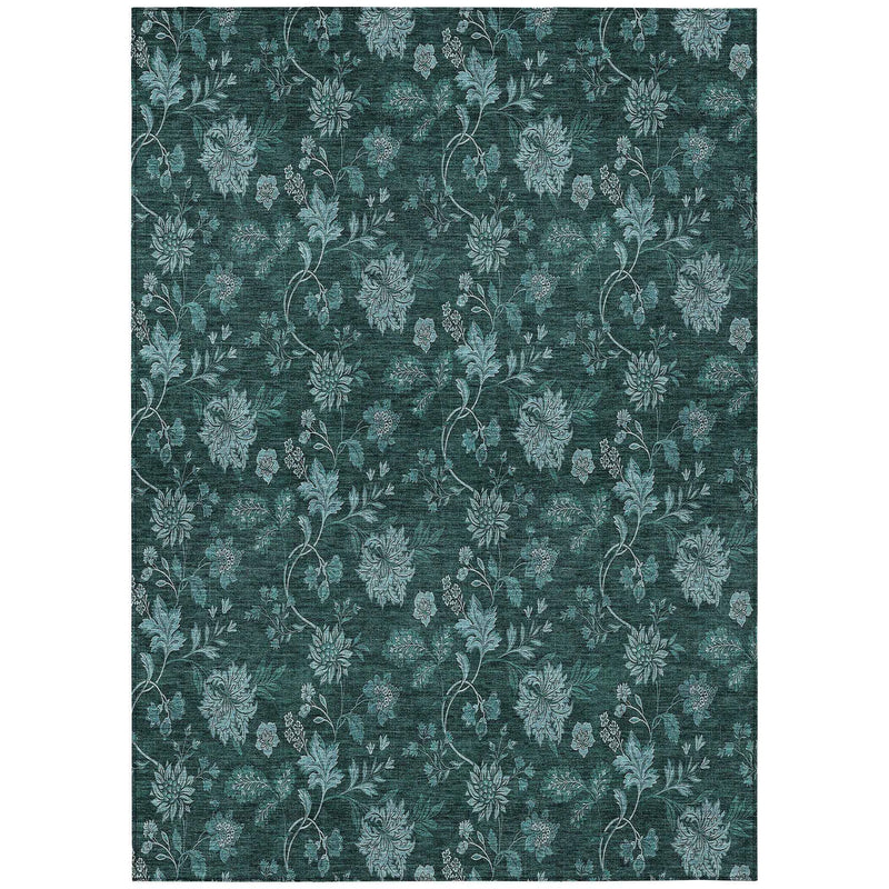 10' X 14' Teal Blue And Aqua Floral Washable Indoor Outdoor Area Rug