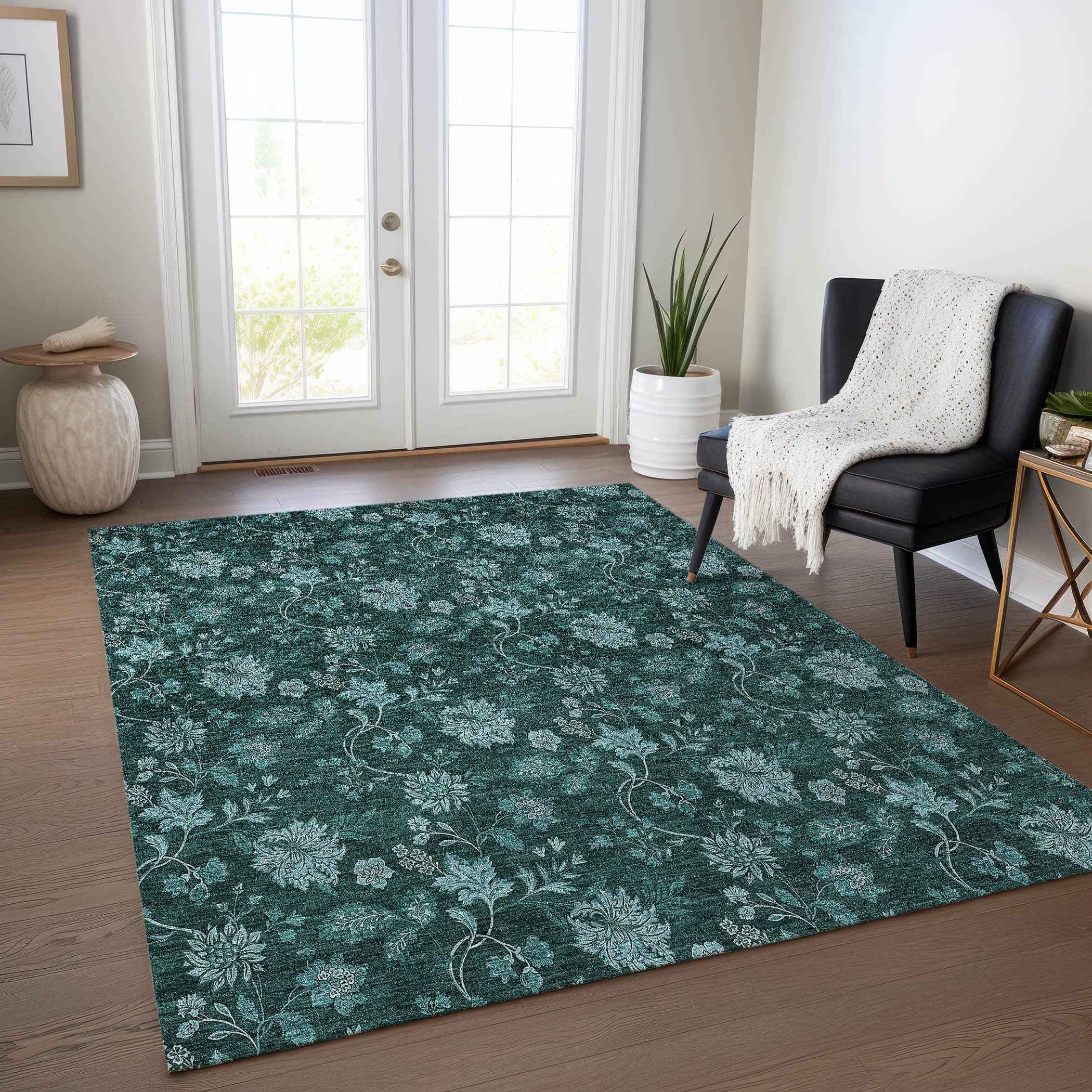 10' X 14' Teal Blue And Aqua Floral Washable Indoor Outdoor Area Rug