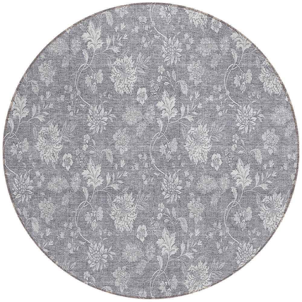 8' Gray Silver And Ivory Round Floral Washable Indoor Outdoor Area Rug