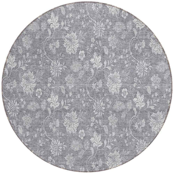 8' Gray Silver And Ivory Round Floral Washable Indoor Outdoor Area Rug