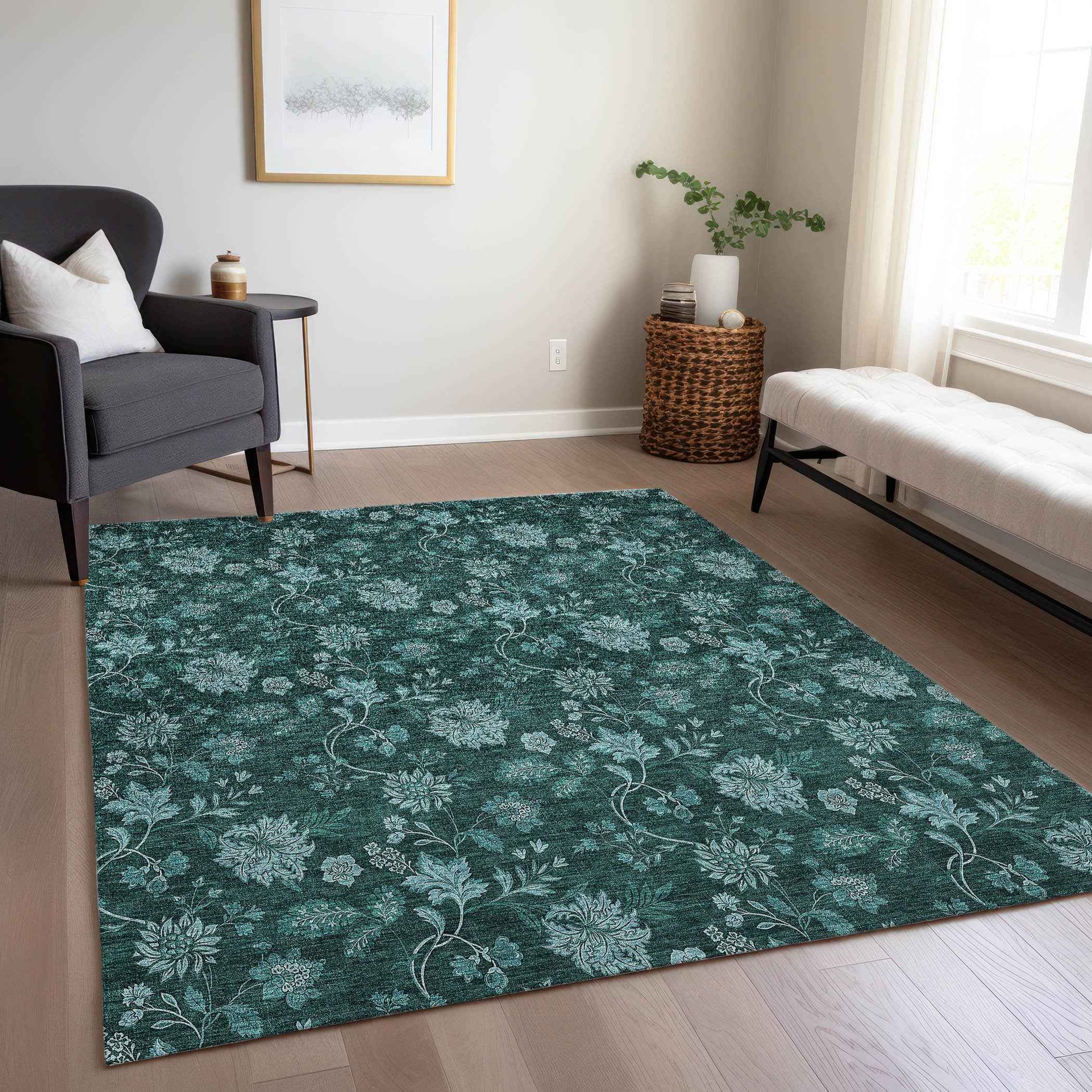 10' X 14' Teal Blue And Aqua Floral Washable Indoor Outdoor Area Rug