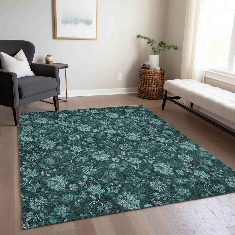 10' X 14' Teal Blue And Aqua Floral Washable Indoor Outdoor Area Rug