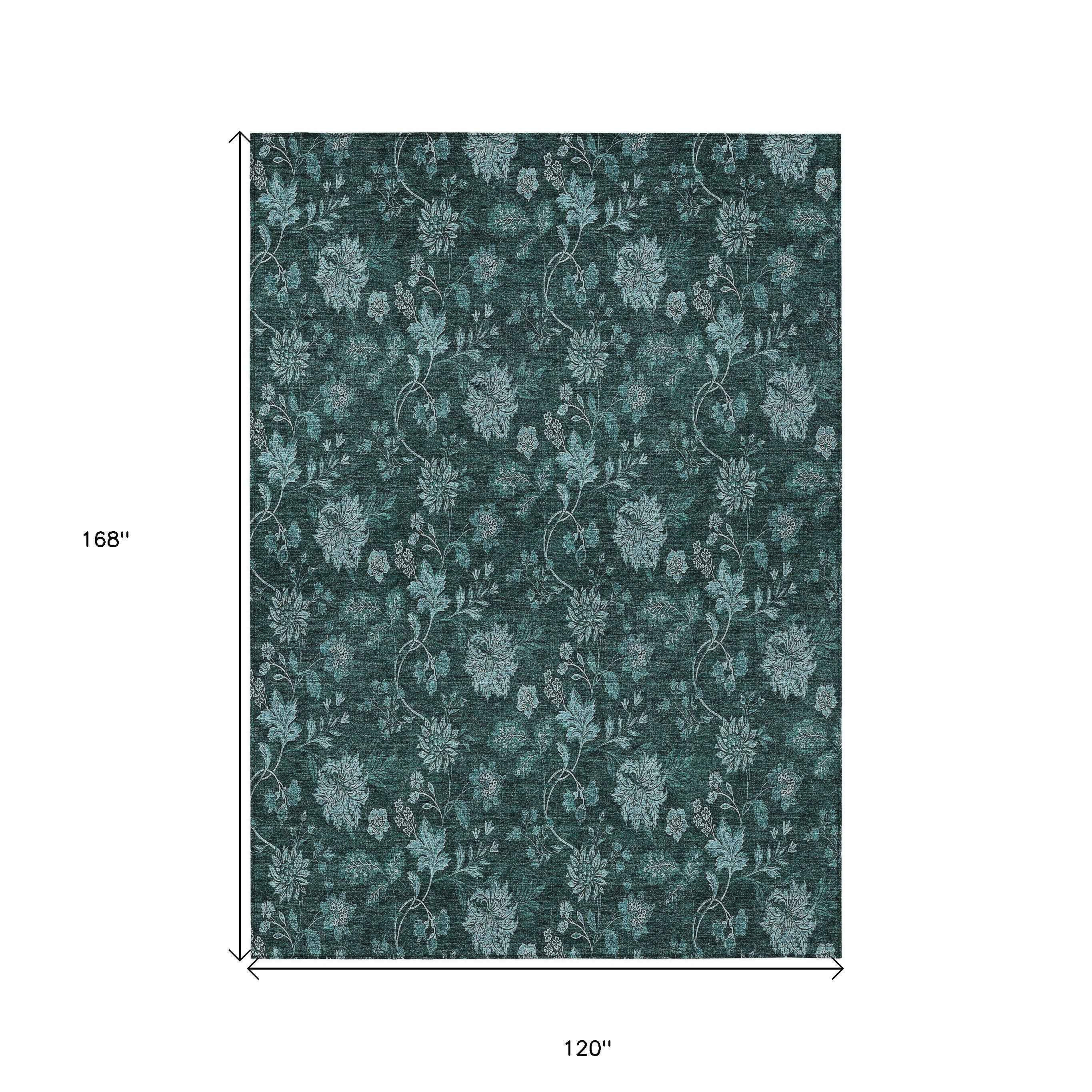 10' X 14' Teal Blue And Aqua Floral Washable Indoor Outdoor Area Rug