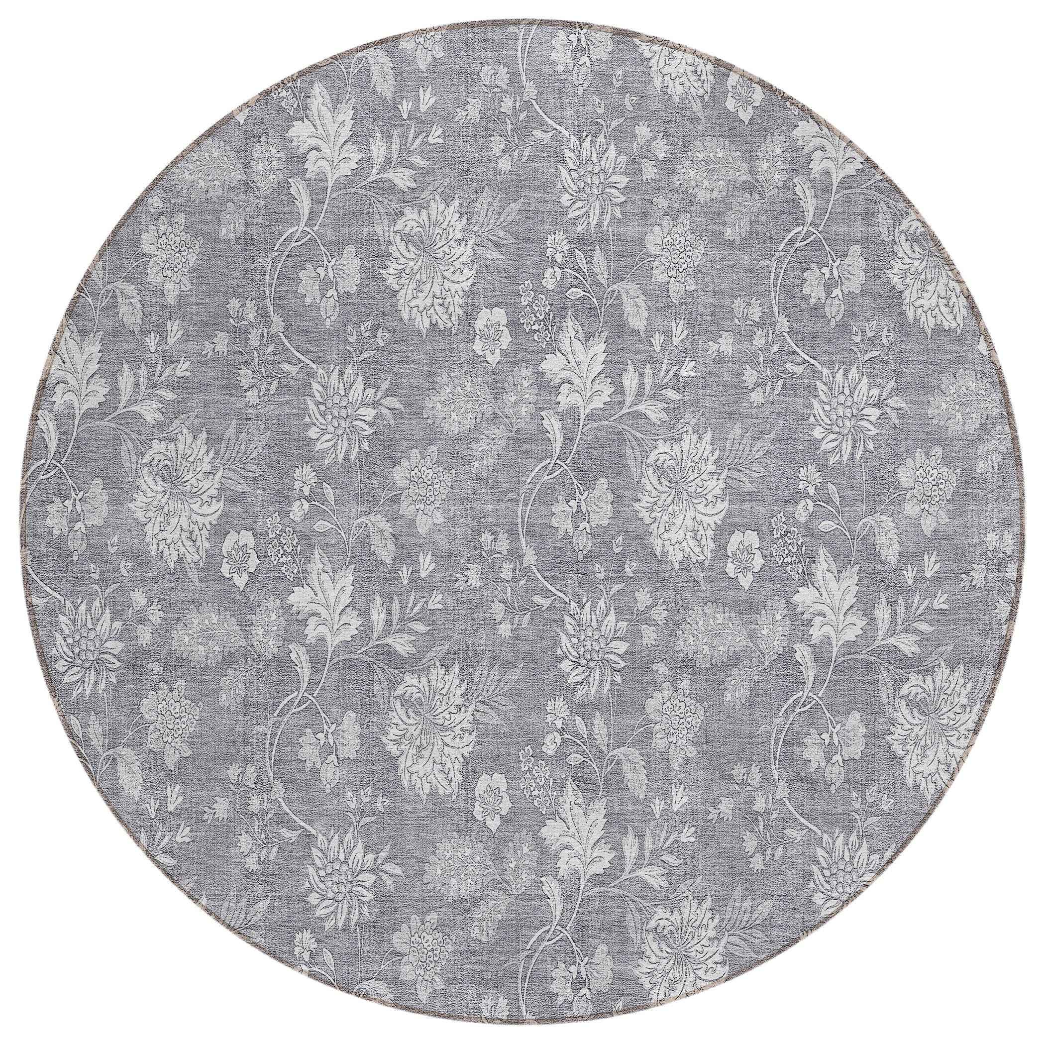 8' Gray Silver And Ivory Round Floral Washable Indoor Outdoor Area Rug
