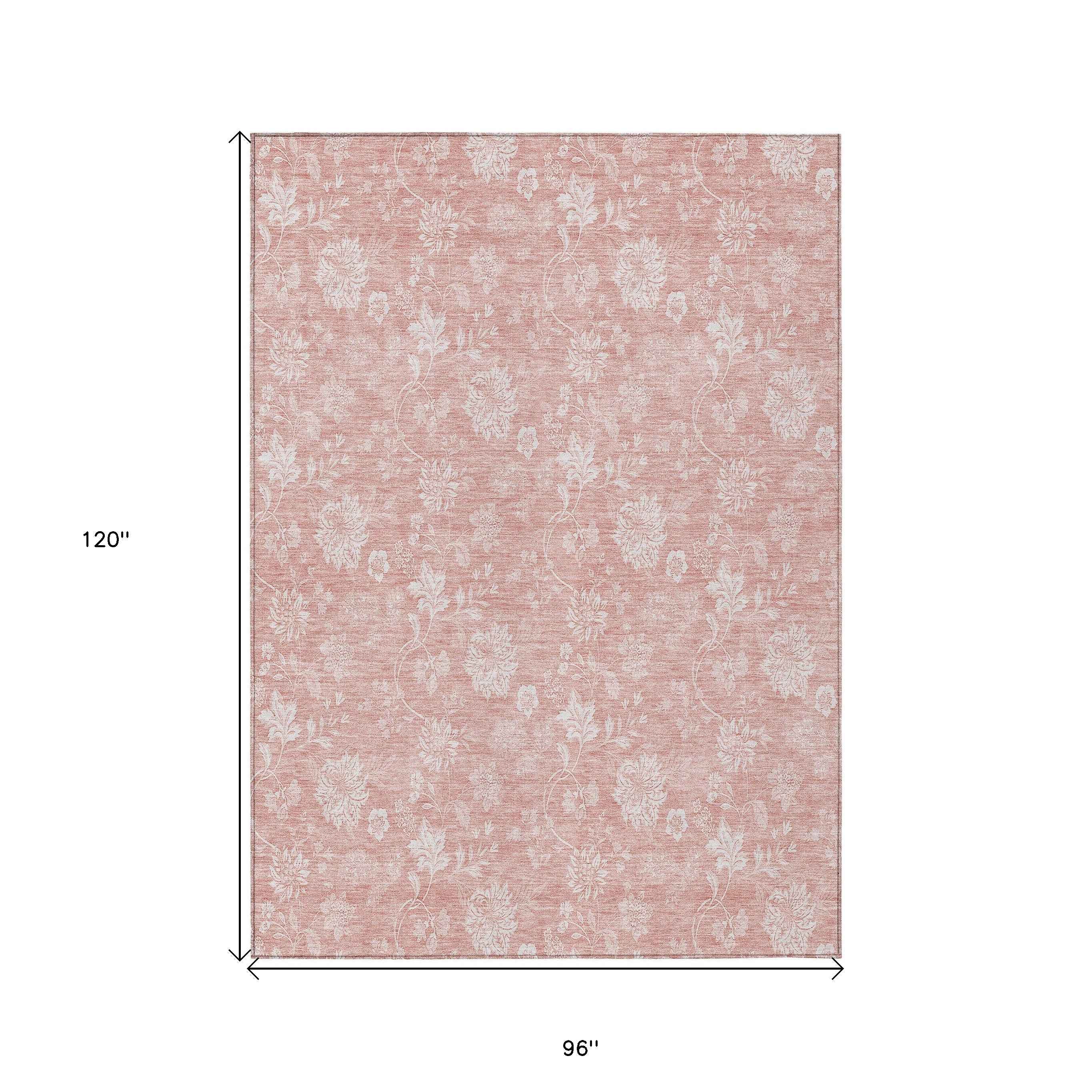 8' X 10' Pink Ivory And Blush Floral Washable Indoor Outdoor Area Rug