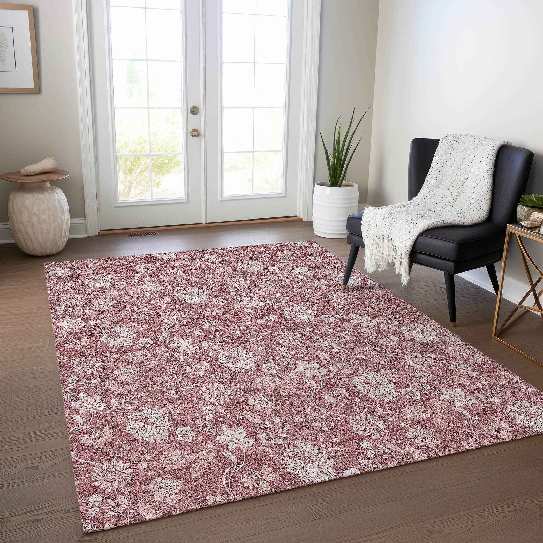 8' X 10' Blush Pink And Mauve Floral Washable Indoor Outdoor Area Rug