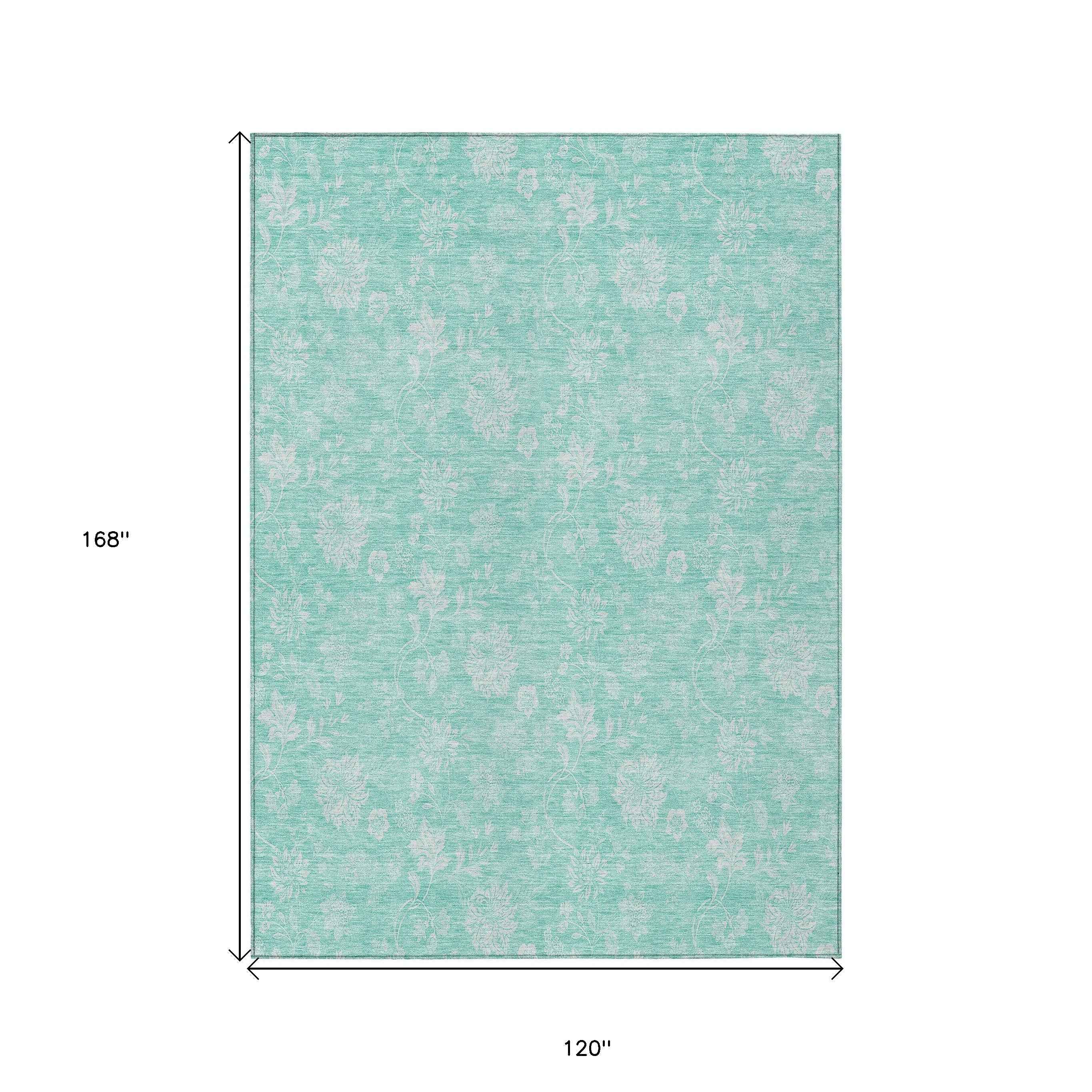 10' X 14' Aqua And Ivory Floral Washable Indoor Outdoor Area Rug