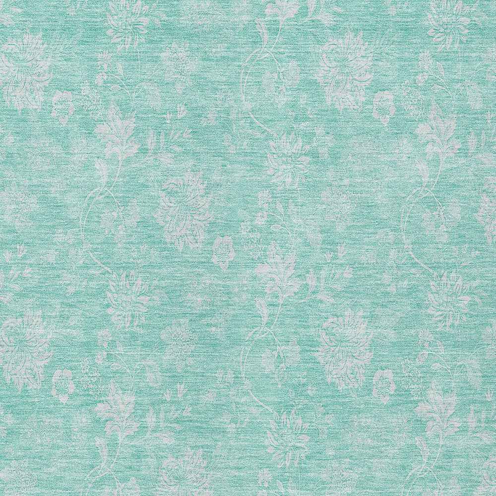 10' X 14' Aqua And Ivory Floral Washable Indoor Outdoor Area Rug