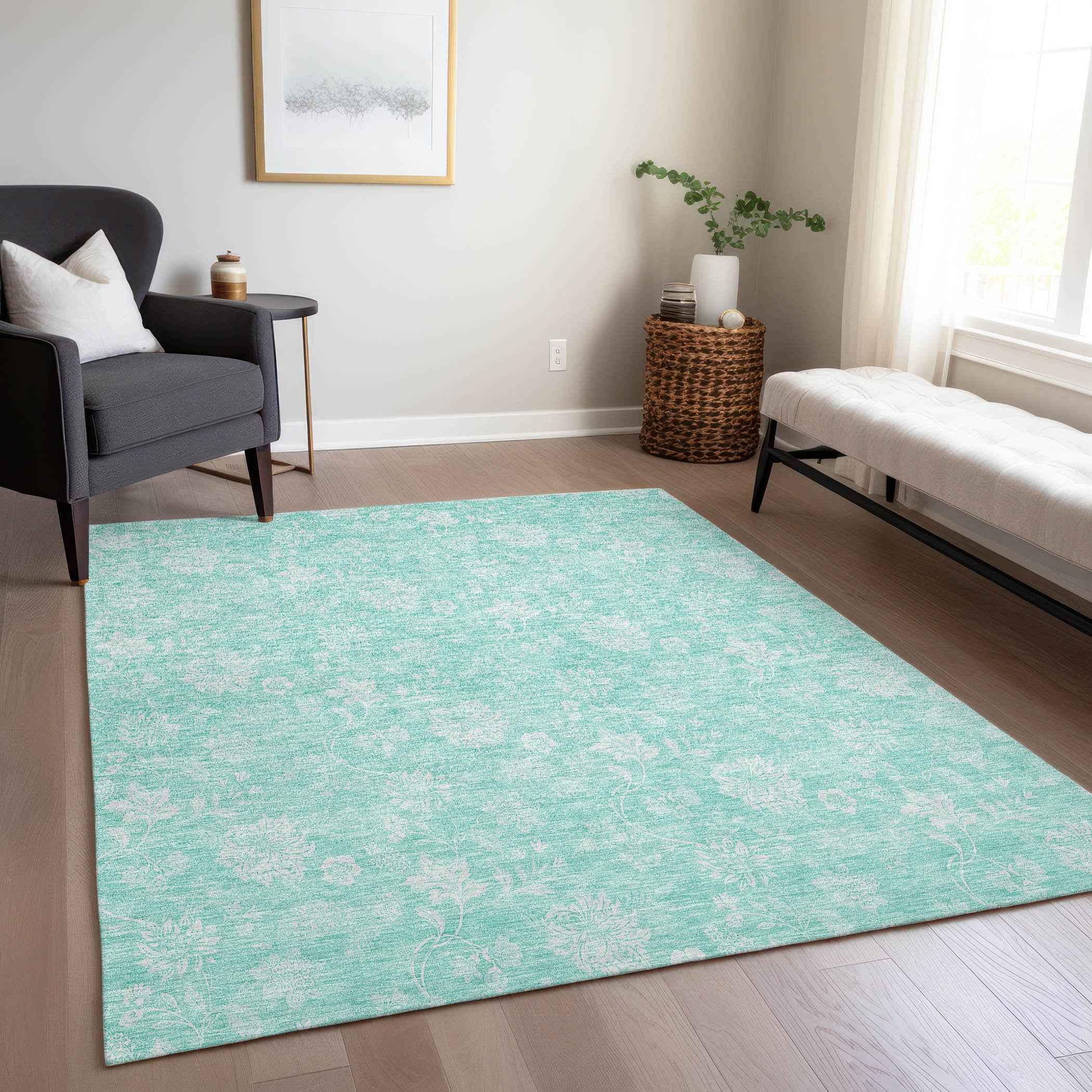 8' X 10' Aqua And Ivory Floral Washable Indoor Outdoor Area Rug