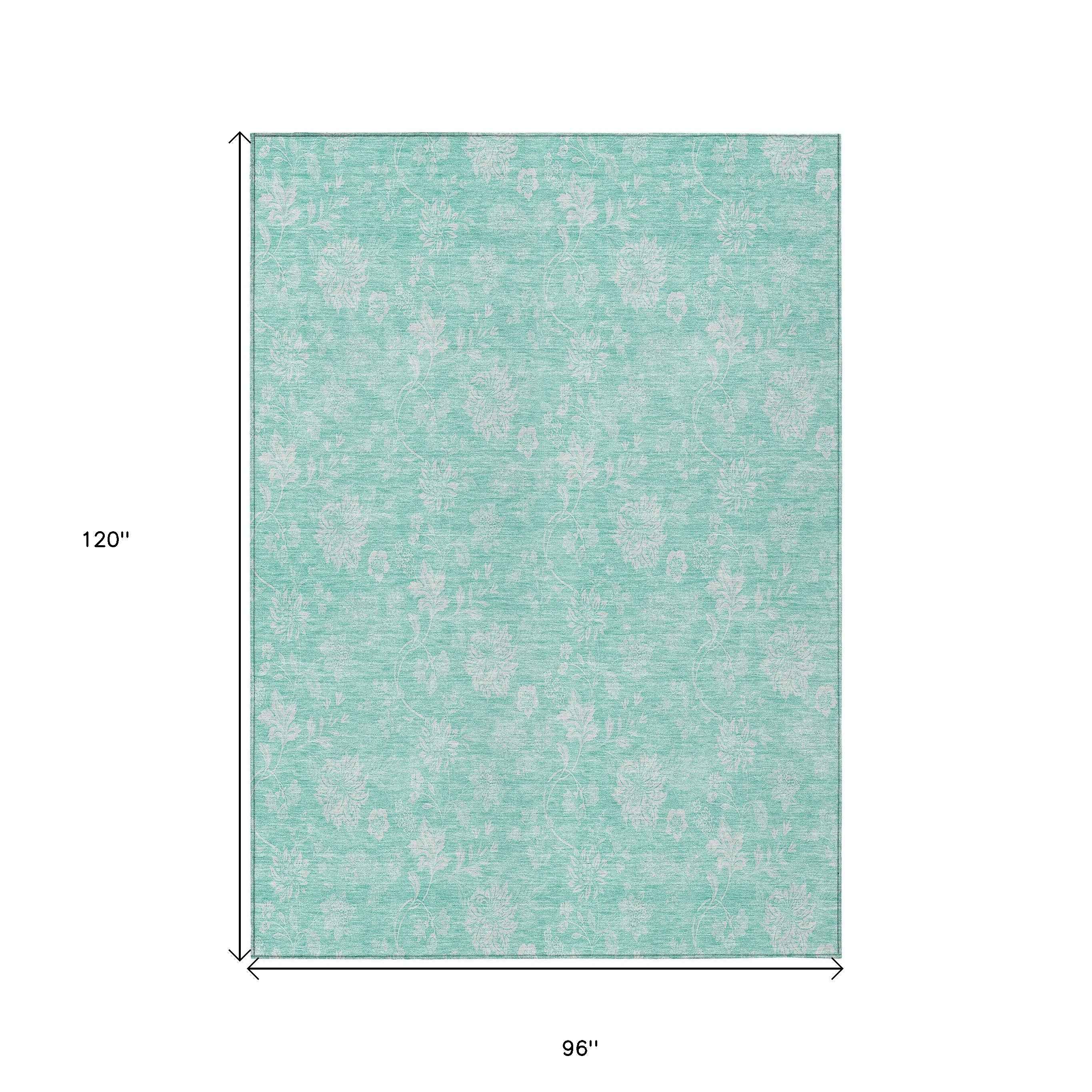 8' X 10' Aqua And Ivory Floral Washable Indoor Outdoor Area Rug