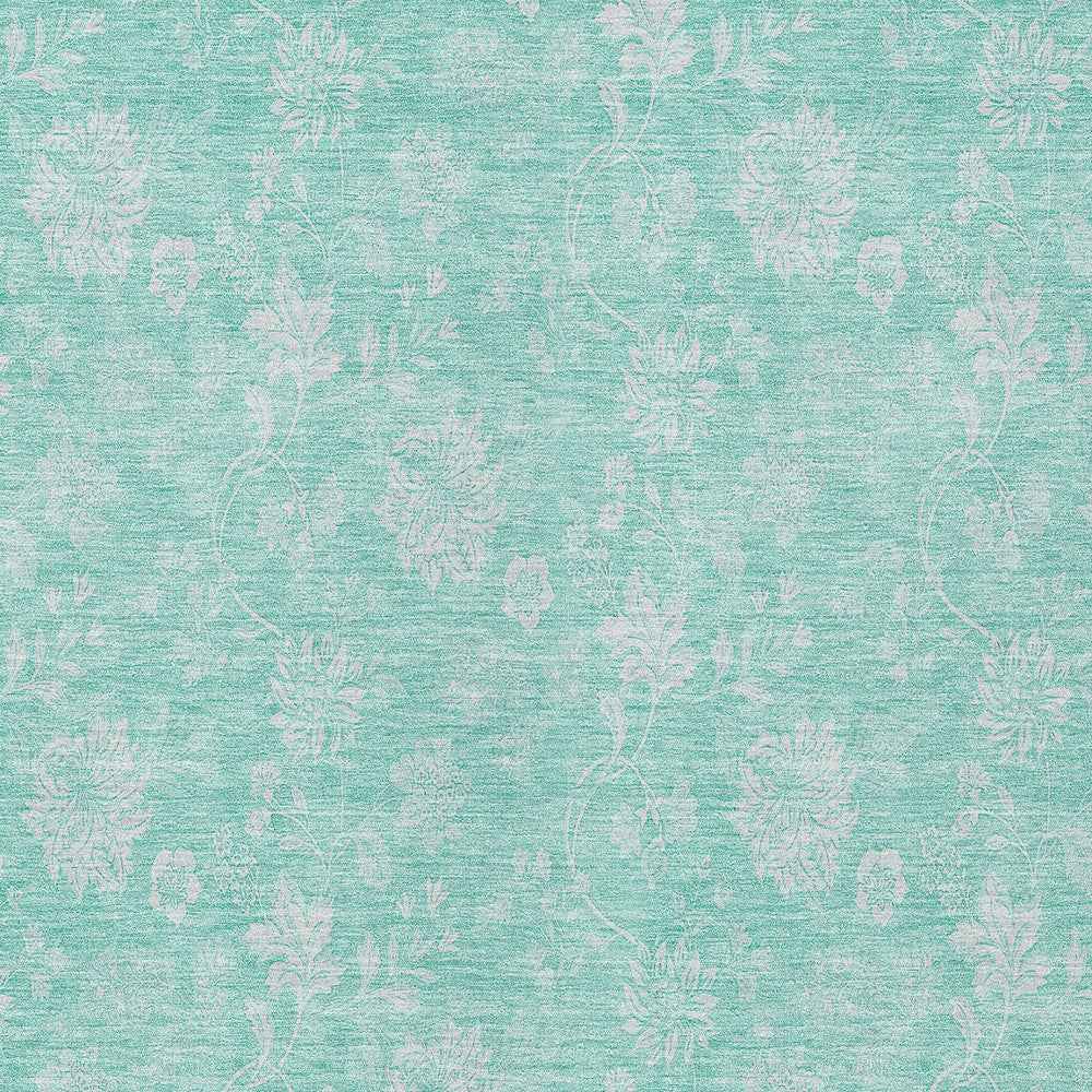 8' X 10' Aqua And Ivory Floral Washable Indoor Outdoor Area Rug