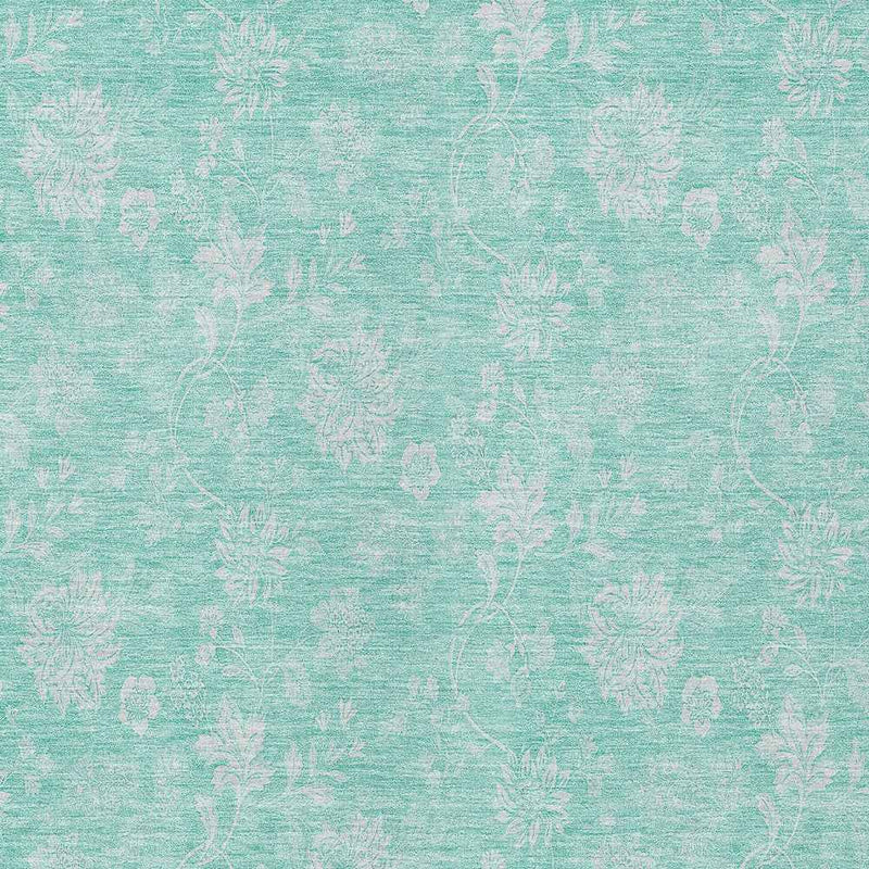 8' X 10' Aqua And Ivory Floral Washable Indoor Outdoor Area Rug