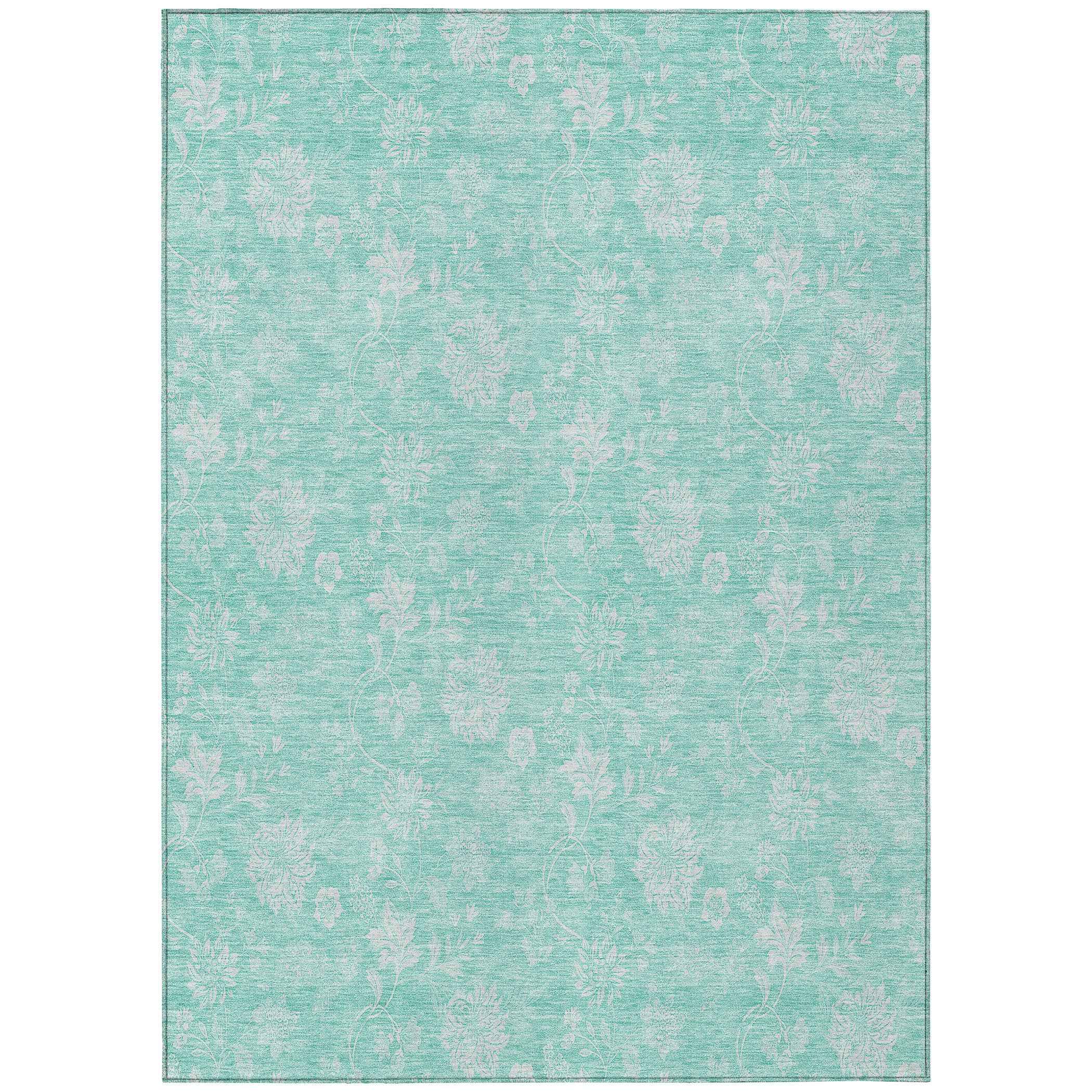8' X 10' Aqua And Ivory Floral Washable Indoor Outdoor Area Rug